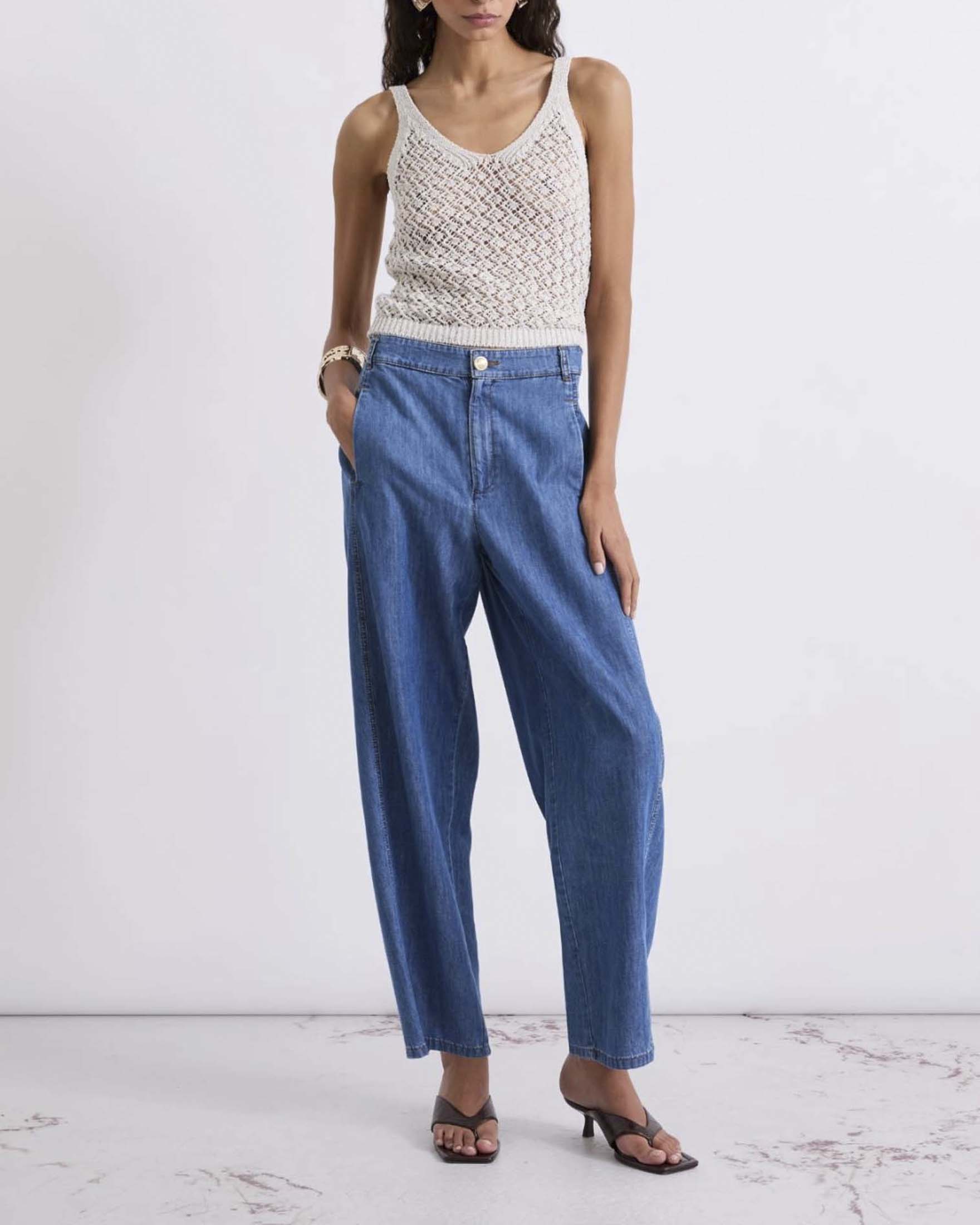 Jeans barrel Marella in cotone e lyocell con vita elasticizzata e lavaggio stonewash