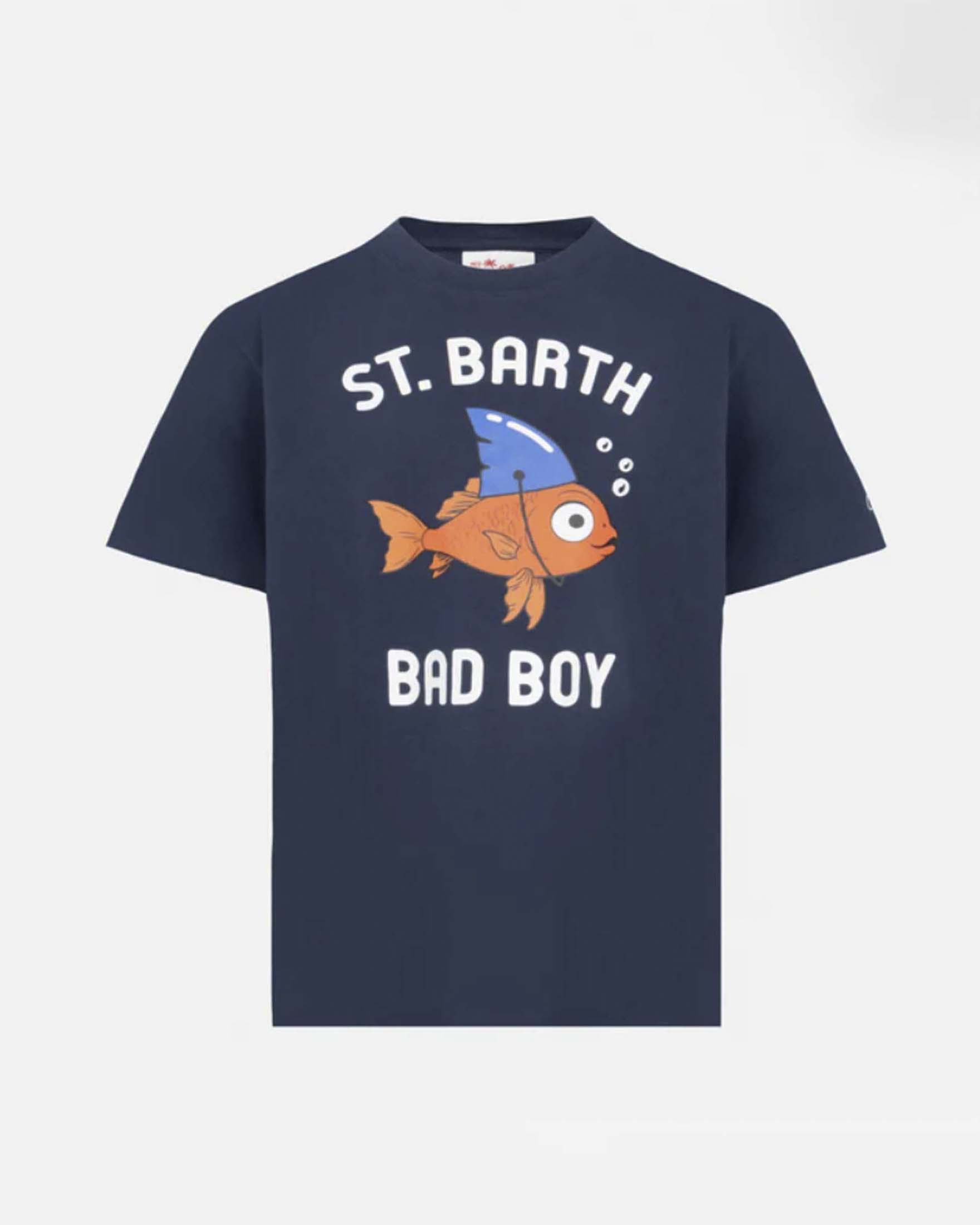 T-shirt blu in cotone a maniche corte con stampa fake shark