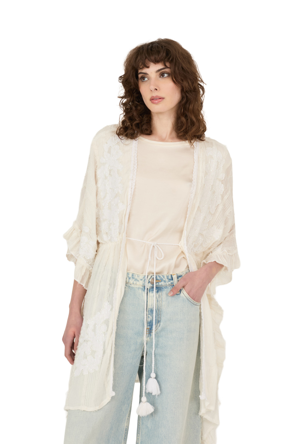 Kimono in Cotone con Ricami Perline