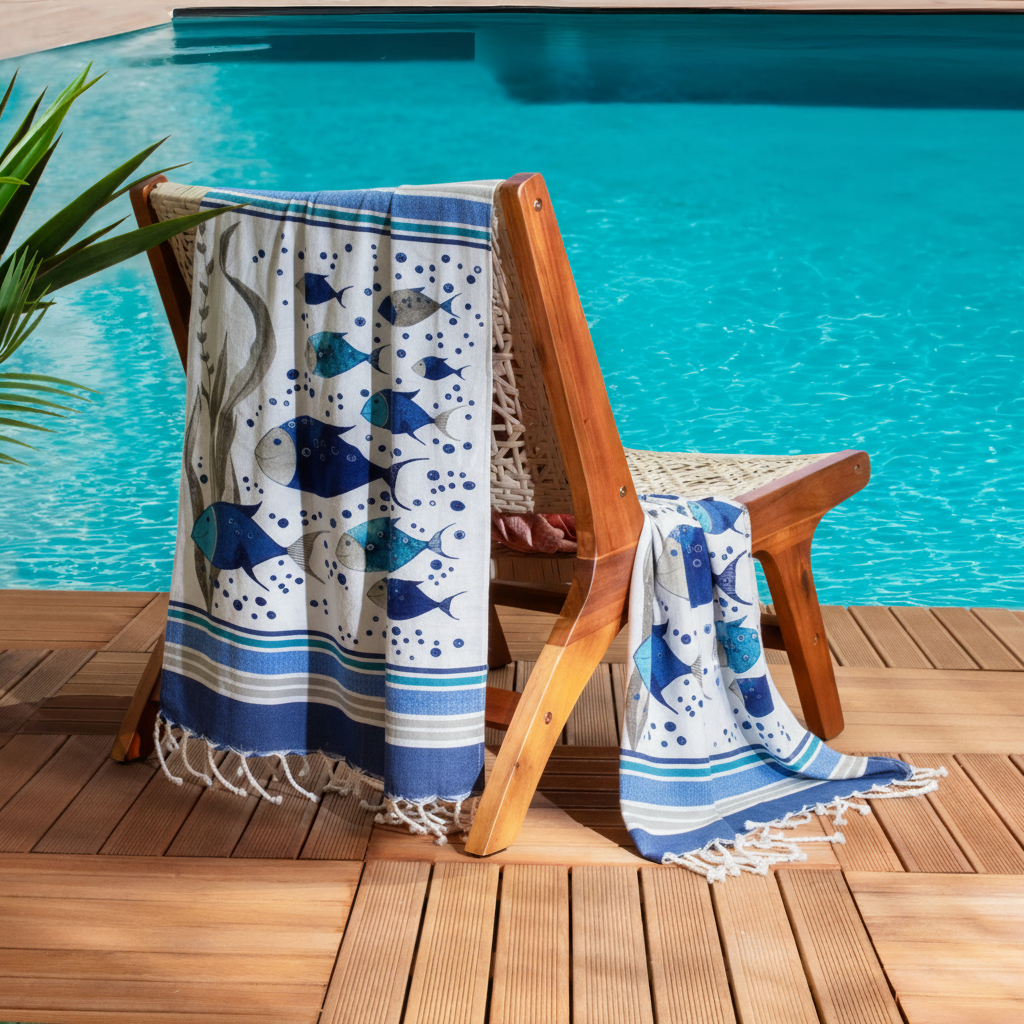 Tex family KEEP CALM beach towel fouta fishing blue large 100 x 200 cm
