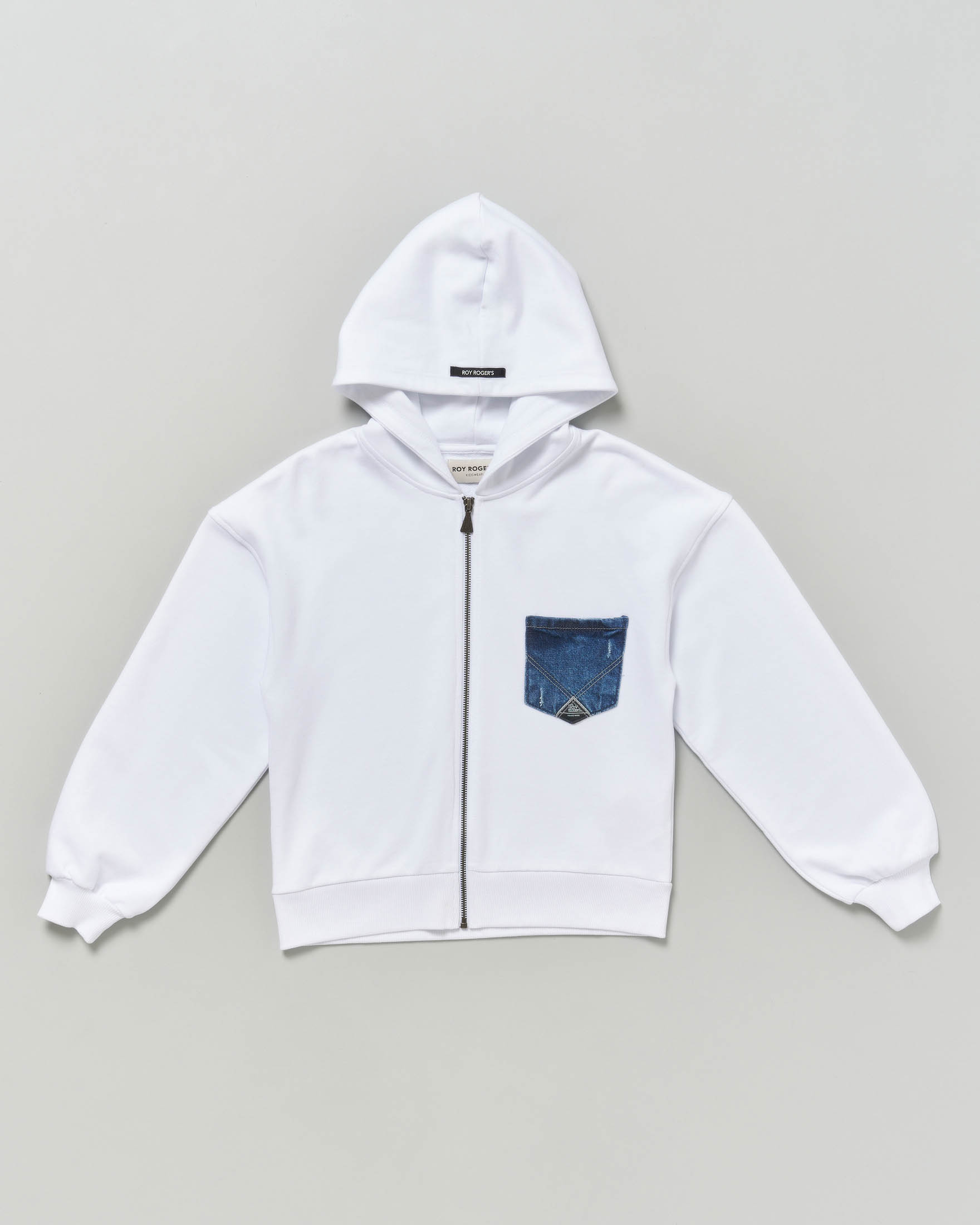 Felpa bianca Roy Roger's con zip cappuccio e taschino in jeans