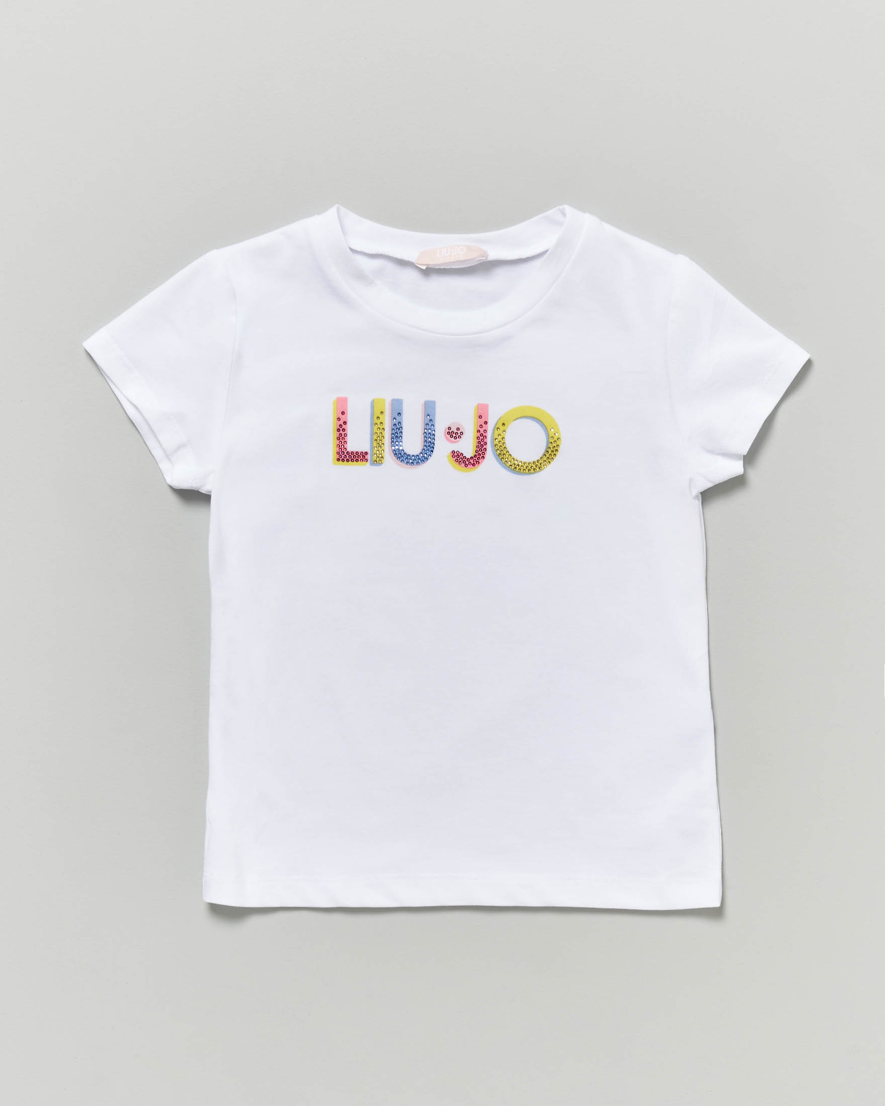 T-shirt Liu Jo bianca mezza manica con scritta logo multicolor e strass
