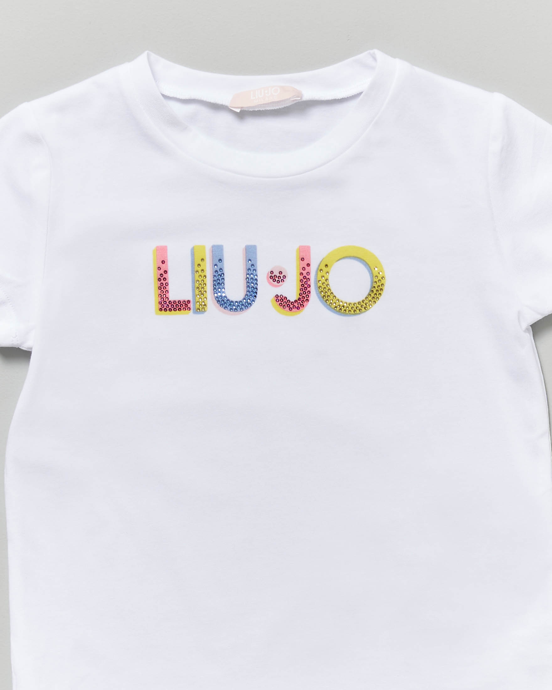 T-shirt Liu Jo bianca mezza manica con scritta logo multicolor e strass image