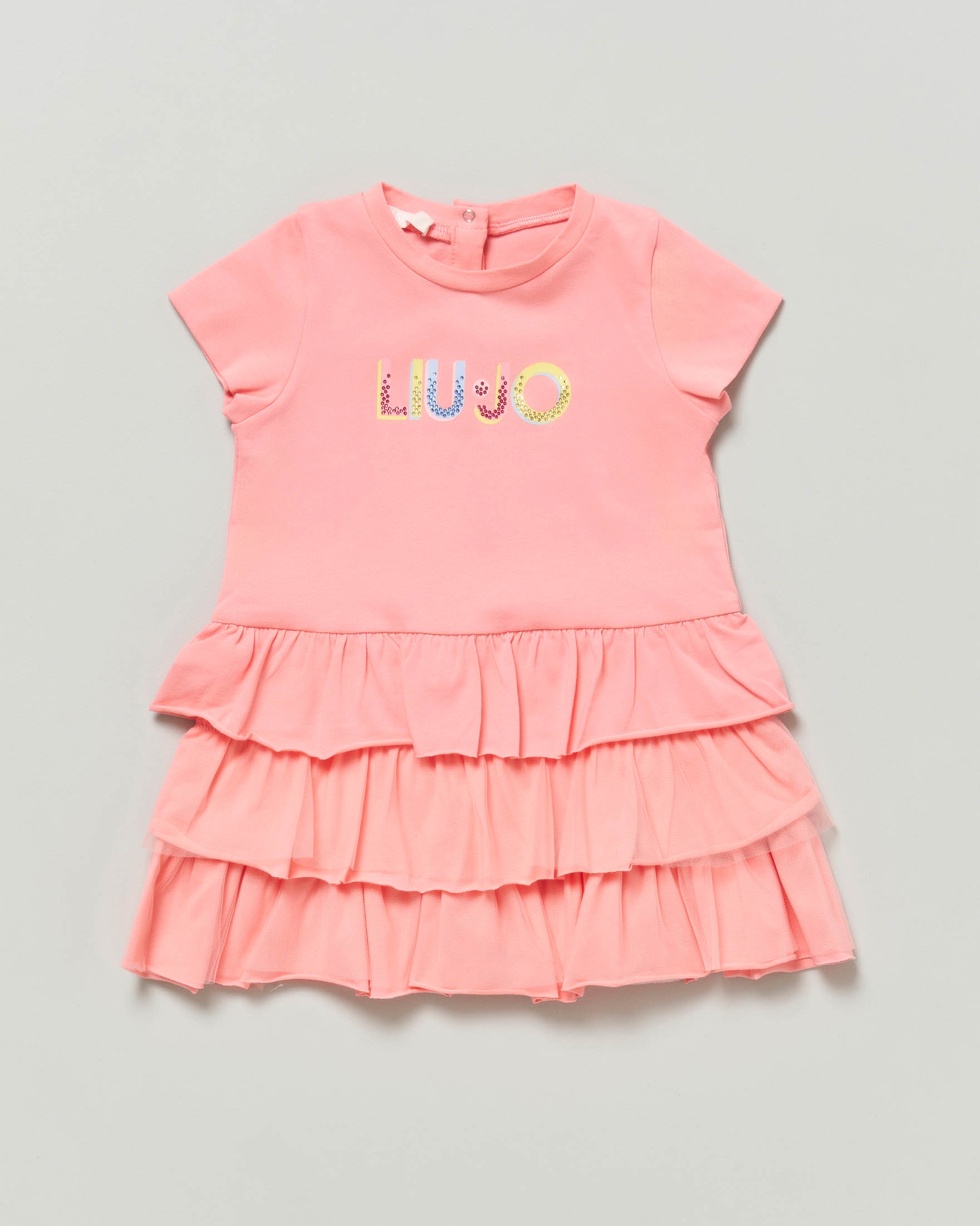 Abito color corallo Liu Jo a maniche corte con gonna volant e scritta logo multicolor