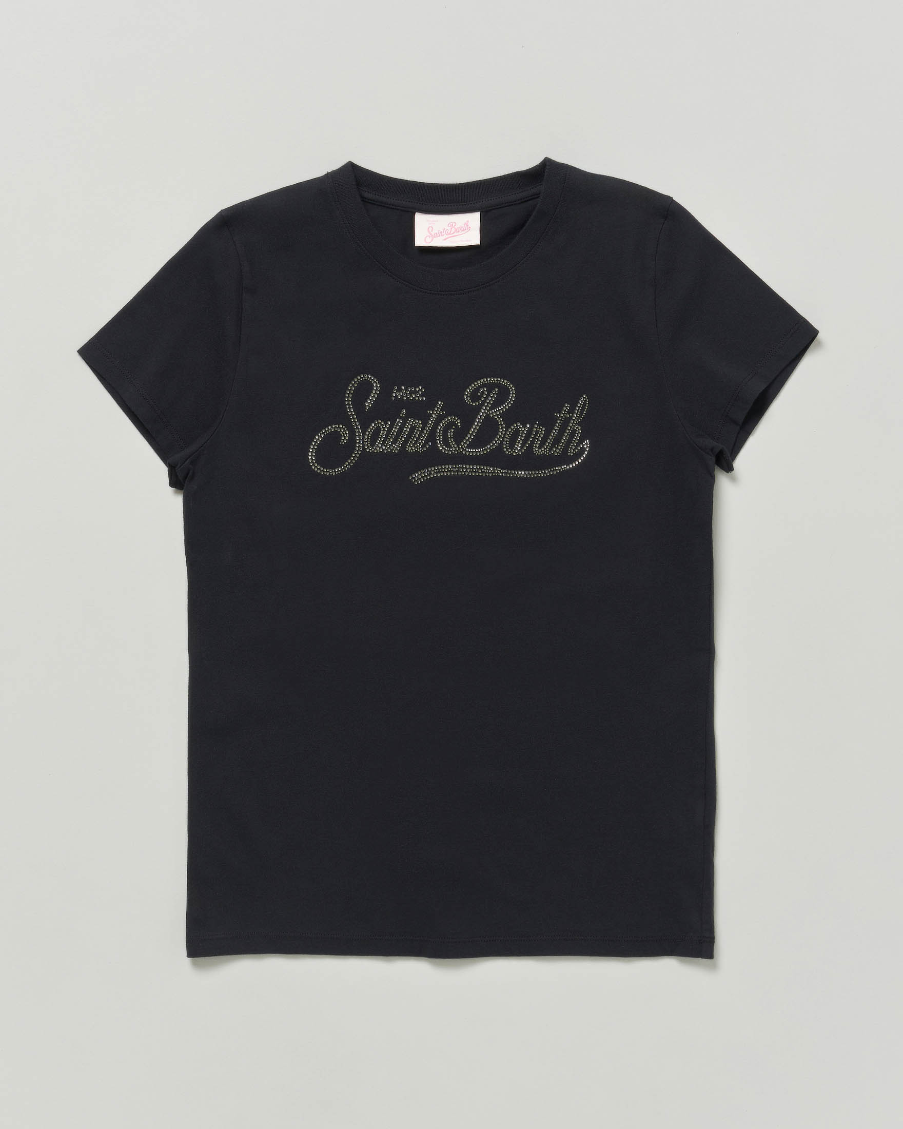 T-shirt nera MC2 Saint Barth in puro cotone con logo strass