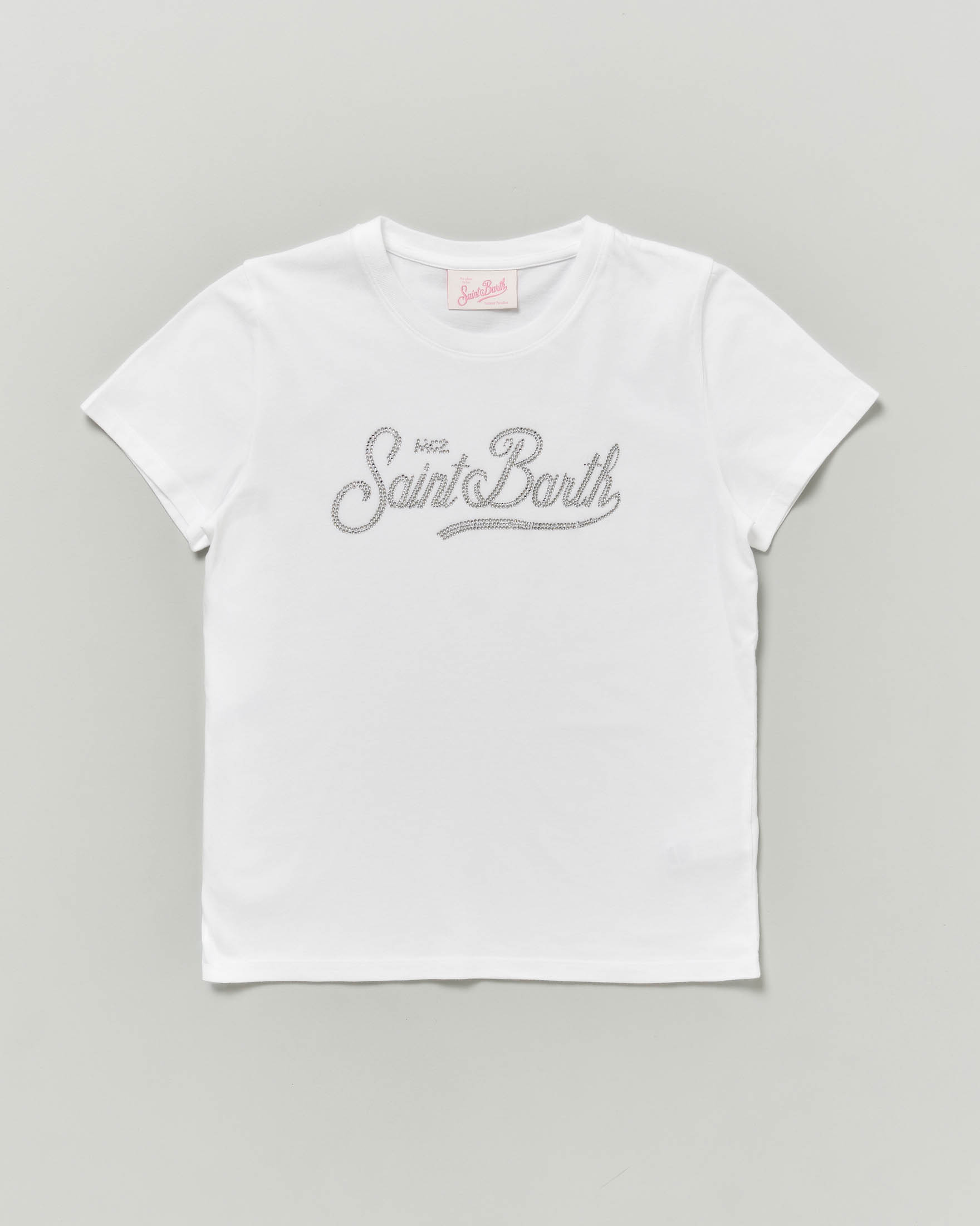 T-shirt bianca in puro cotone con logo strass