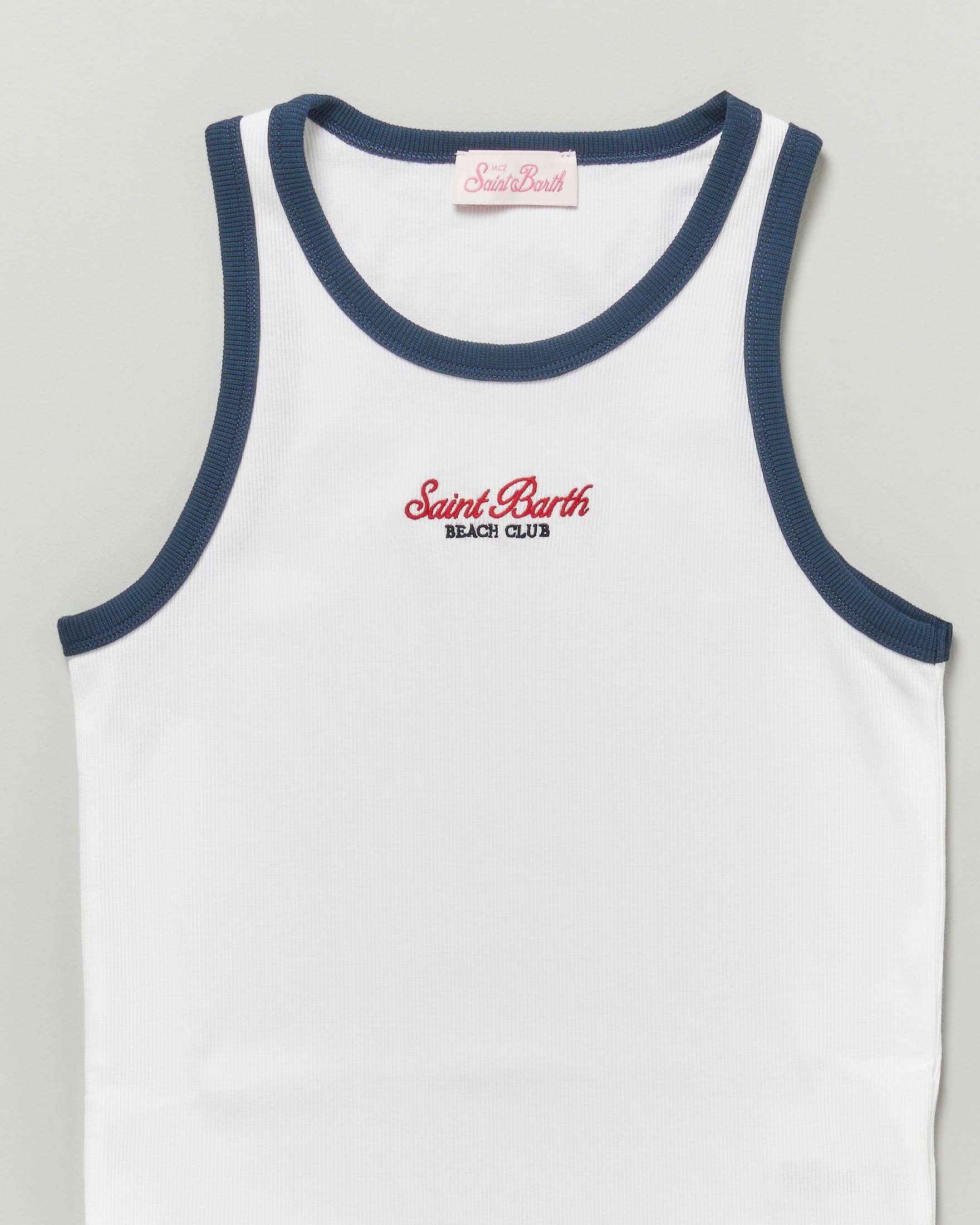 Canotta MC2 Saint Barth bianca con scritta logo beach club e bordi blu image