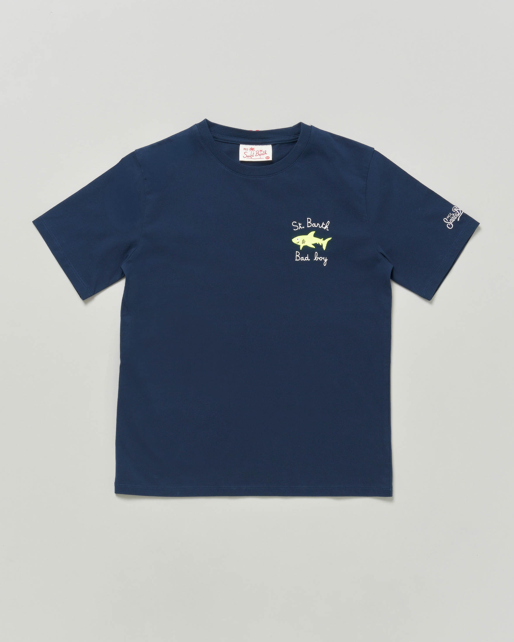 T-shirt blu MC2 Saint Barth a maniche corte con squalo e scritta Bad Boy
