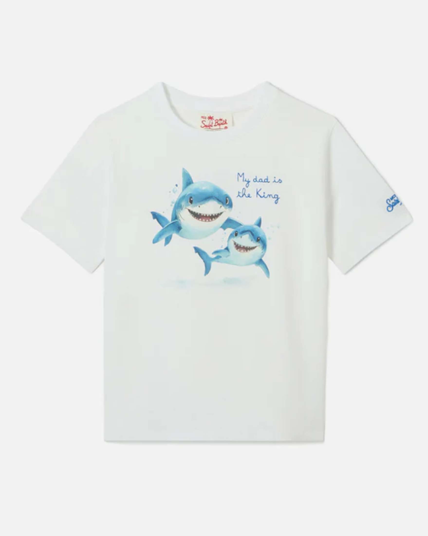 T-shirt bianca con squali con scritta My dad is the king