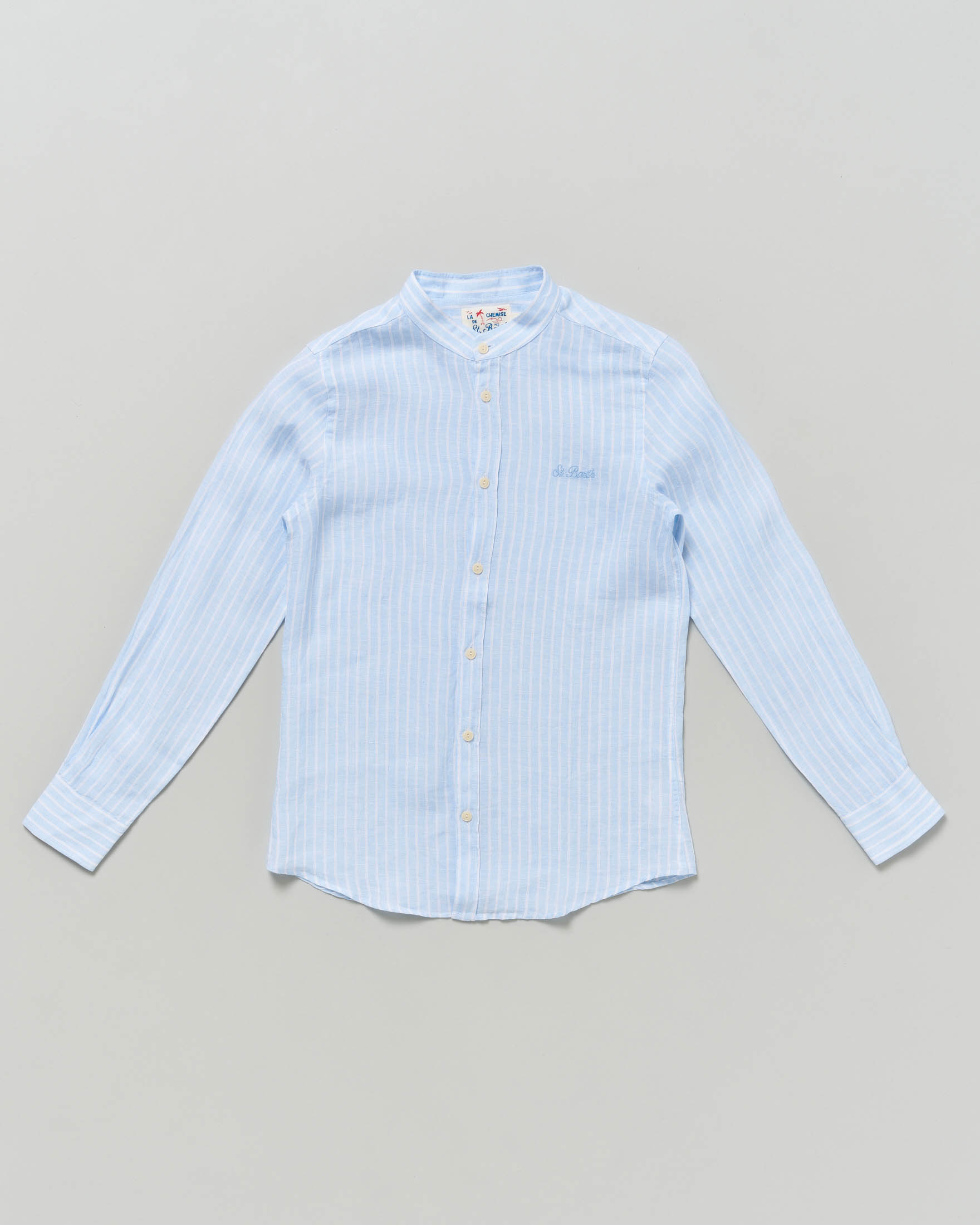Camicia a righe azzurre e bianche in puro lino con collo alla coreana