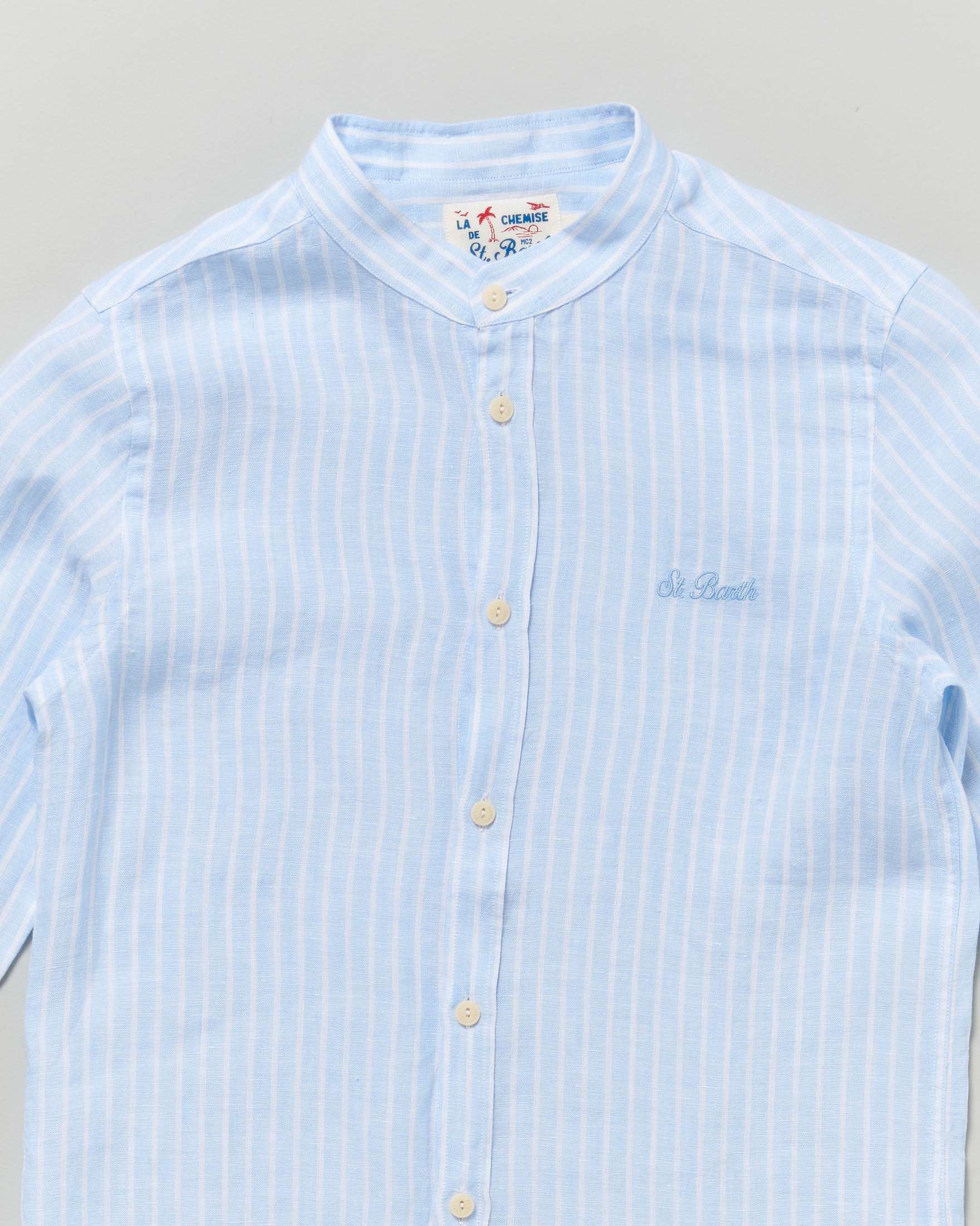 Camicia MC2 Saint Barth a righe azzurre e bianche in puro lino con collo alla coreana image