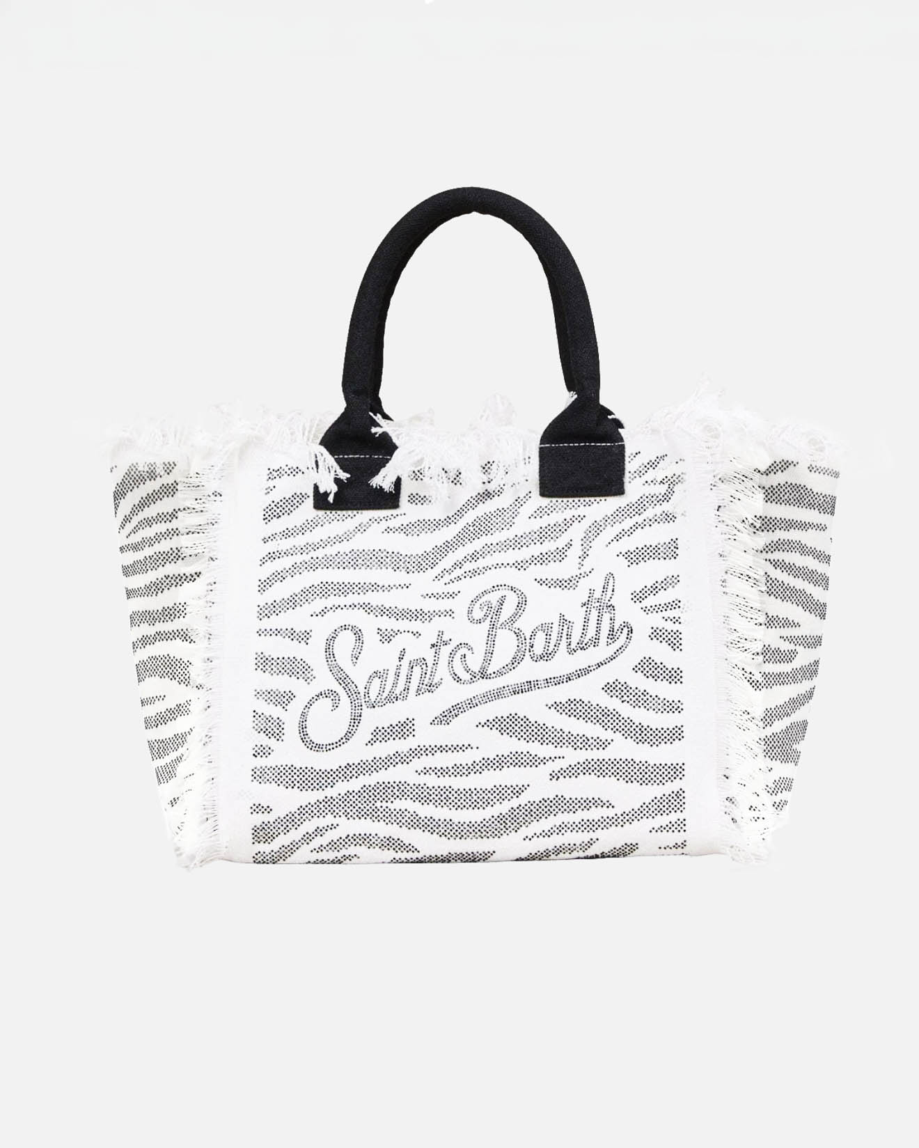 Borsa Vanity nera in cotone con fantasia zebrata e scritta logo bianca in strass e frange lungo i profili