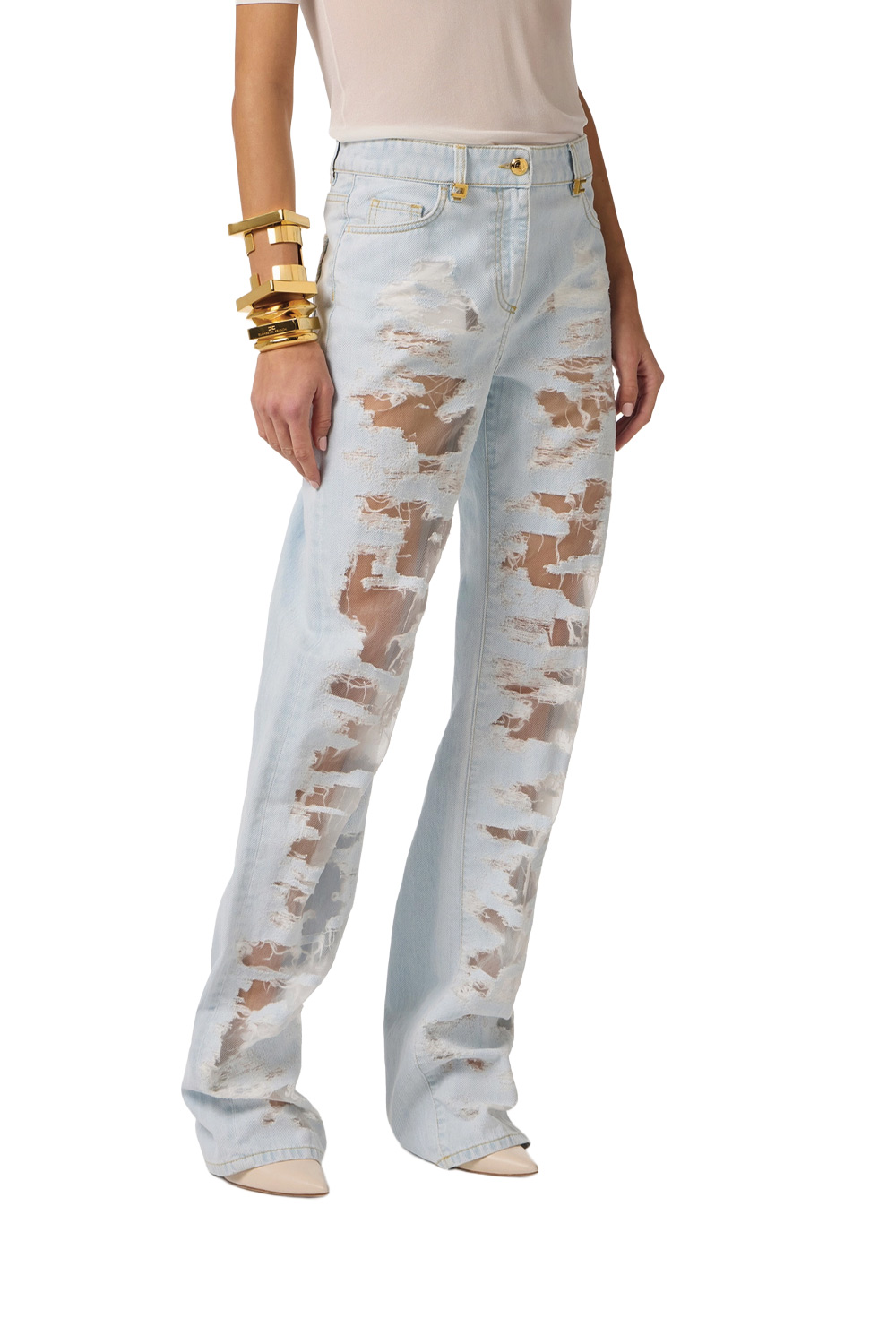 Jeans a Palazzo con Dettagli in Organza