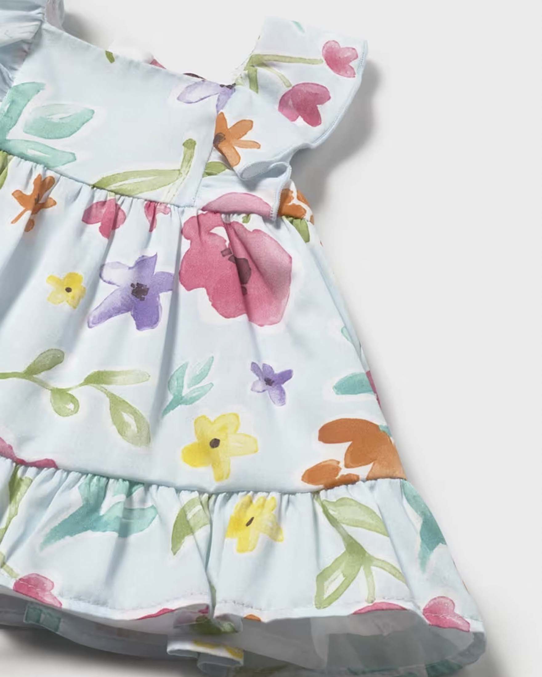 Abito verde acqua Mayoral con fantasia fiori multicolor e culotte