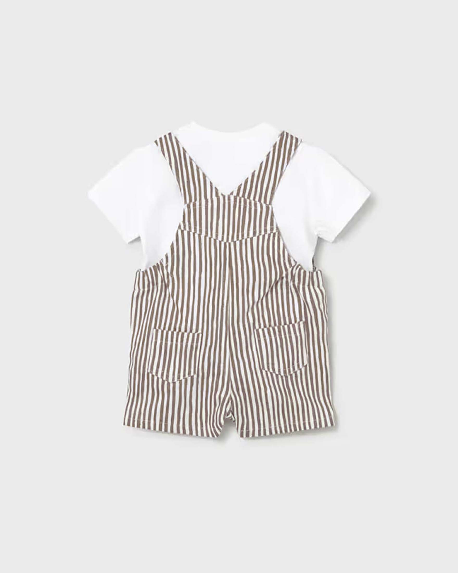 Set Mayoral salopette a righe bianche e marroni e t-shirt bianca