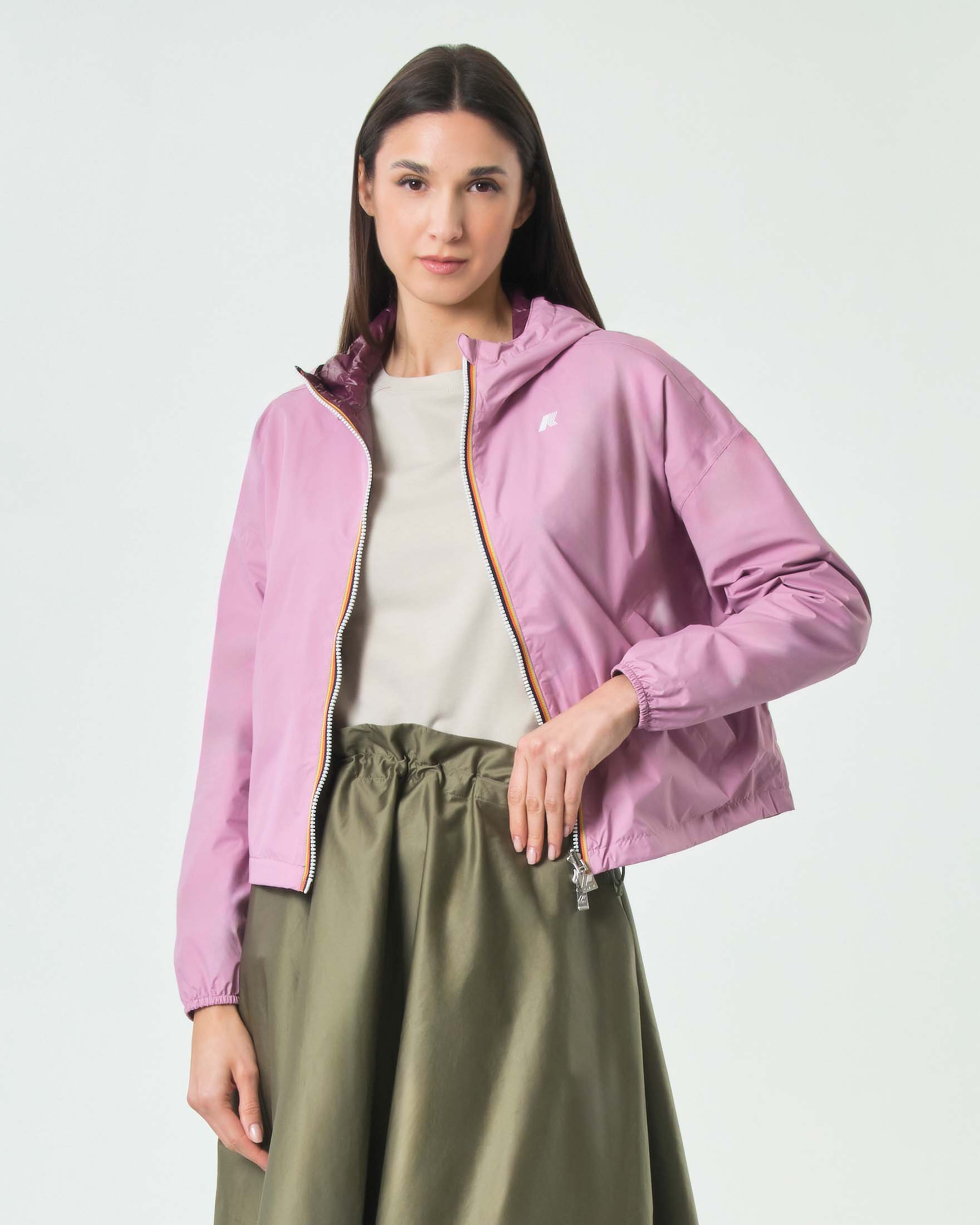 Giacca cropped impermeabile K-Way Double Laurette rosa e bordeaux con cappuccio e chiusura zip