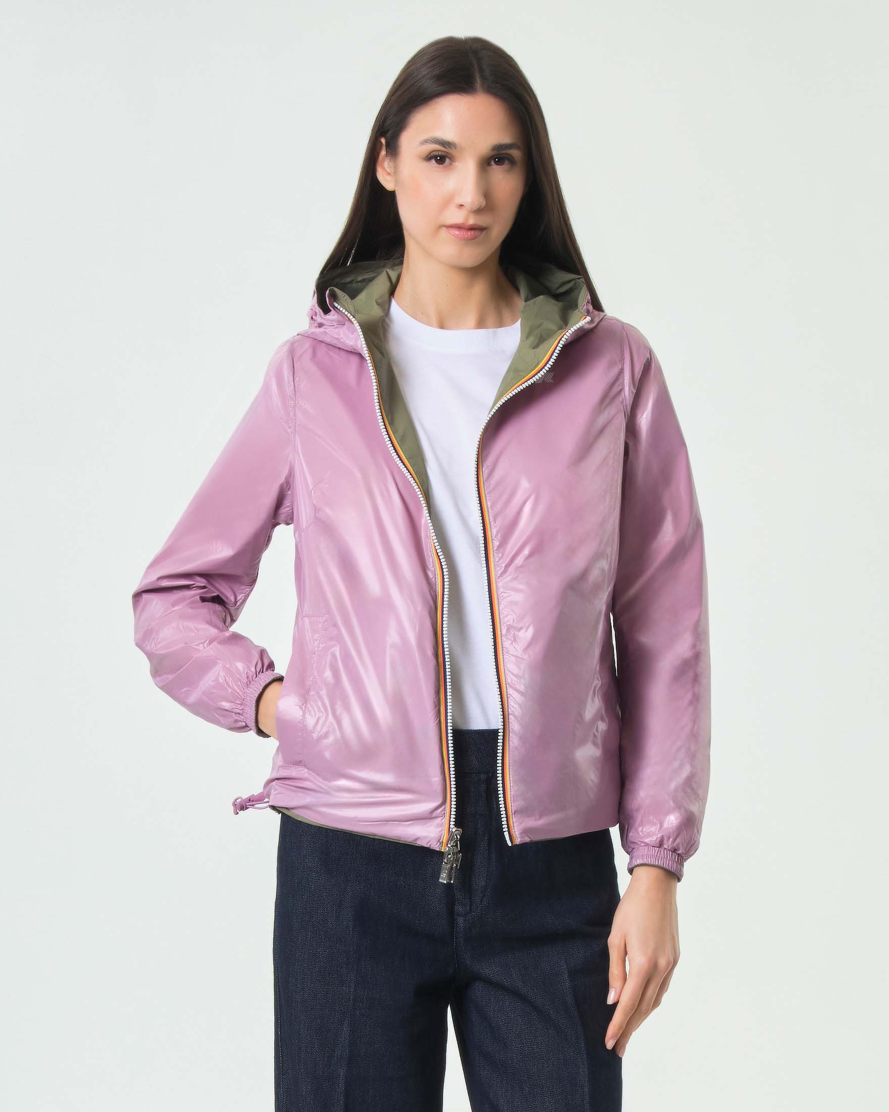 Giacca corta impermeabile K-Way Lil Double militare e rosa con cappuccio e chiusura zip frontale image