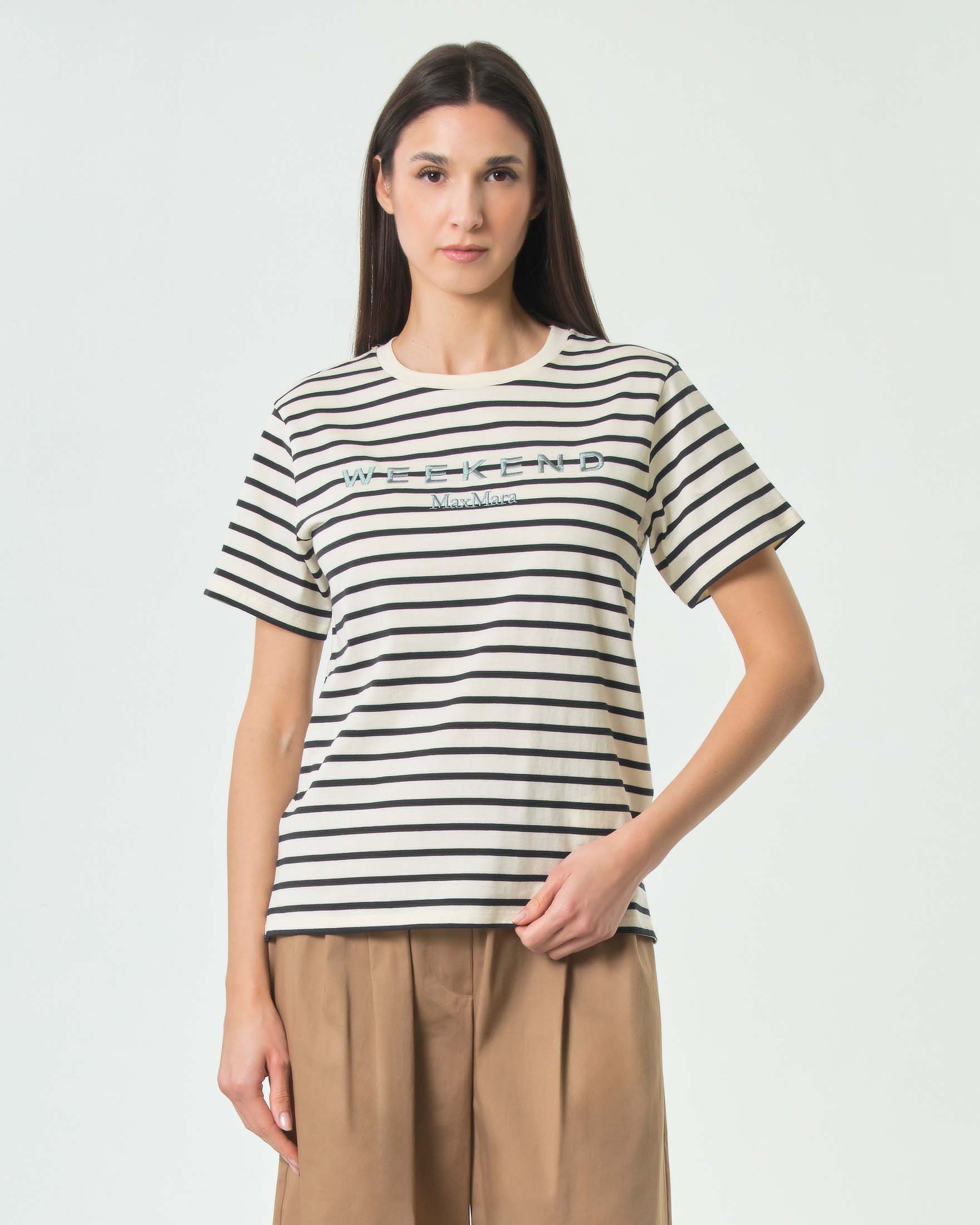 T-shirt maniche corte Weekend Max Mara bianca in puro cotone a righe blu con logo ricamato sul petto