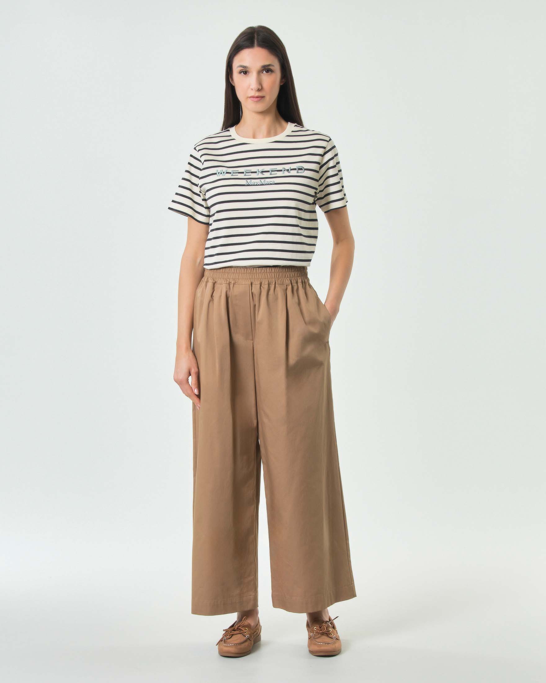 T-shirt maniche corte Weekend Max Mara bianca in puro cotone a righe blu con logo ricamato sul petto image