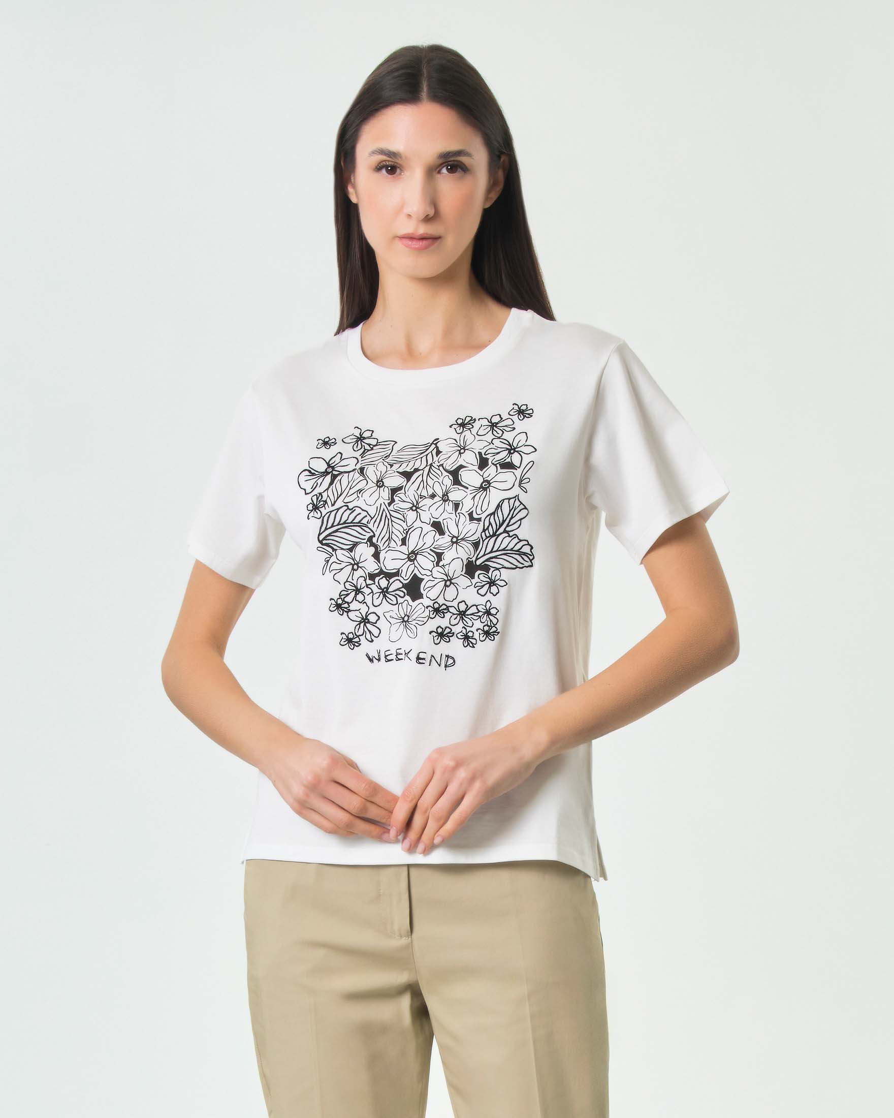 T-shirt maniche corte Weekend Max Mara bianca in puro cotone con grafica floreale e logo ricamati sul petto