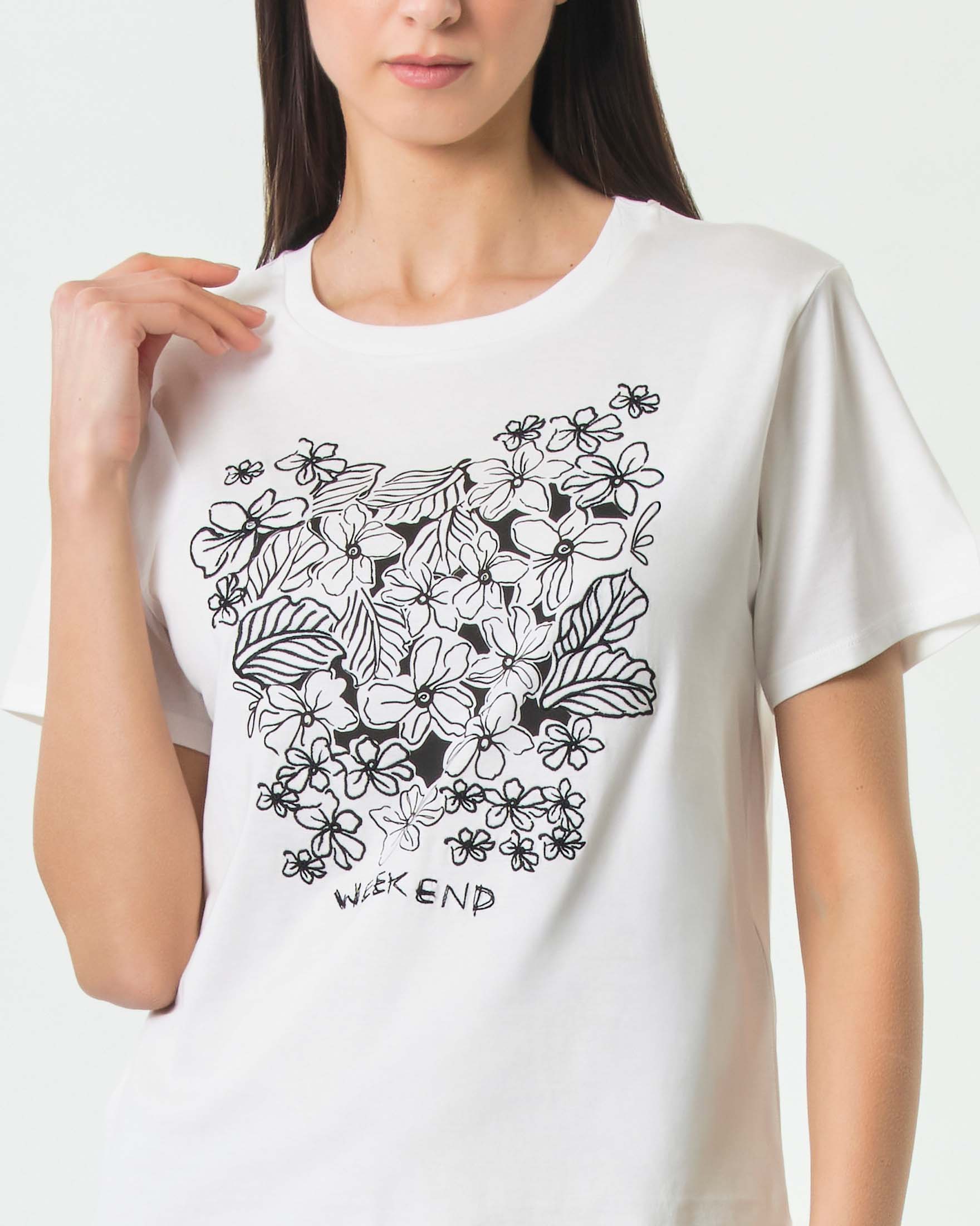 T-shirt maniche corte Weekend Max Mara bianca in puro cotone con grafica floreale e logo ricamati sul petto image