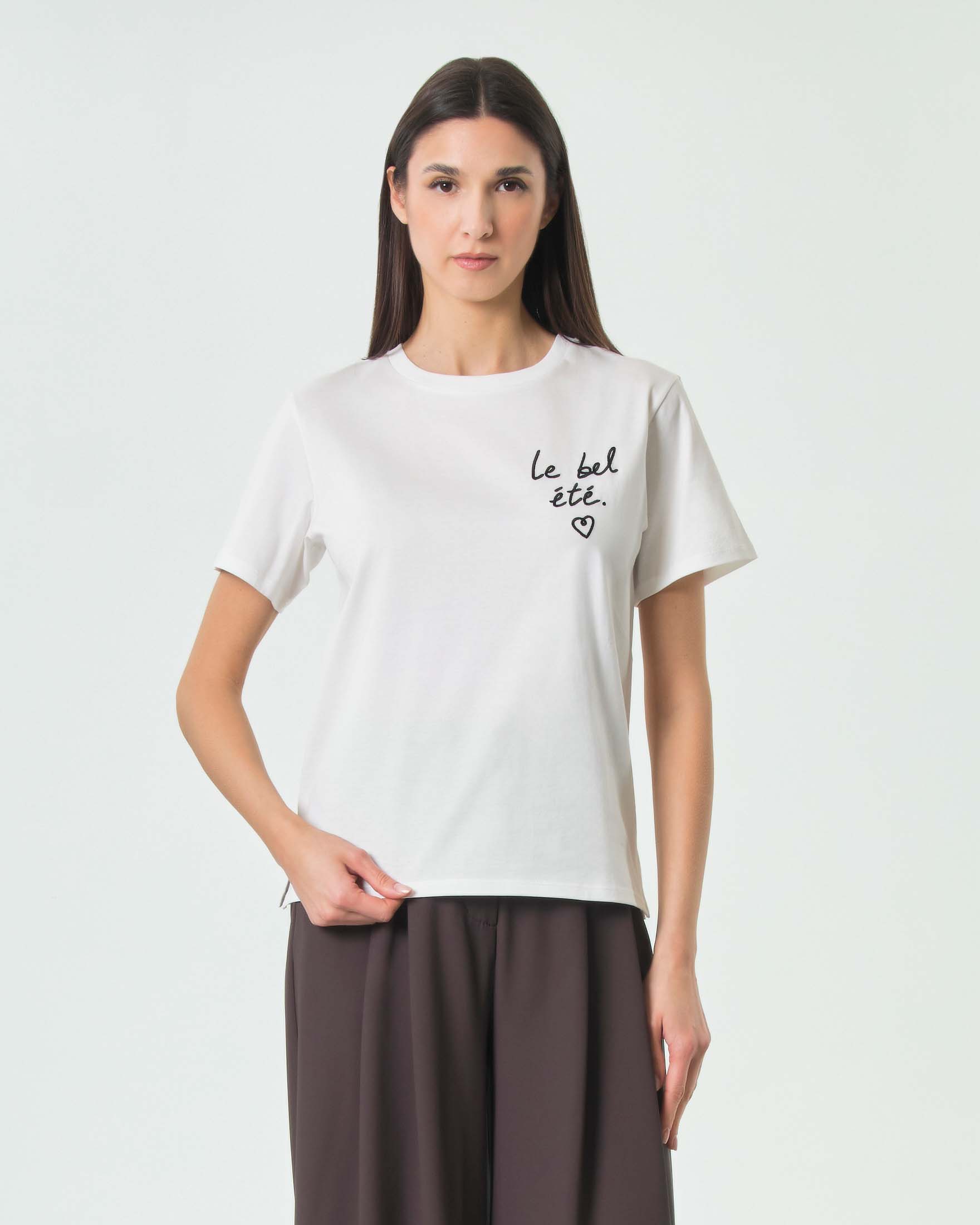 T-shirt maniche corte Weekend Max Mara bianca in puro cotone con scritta ricamata sul petto