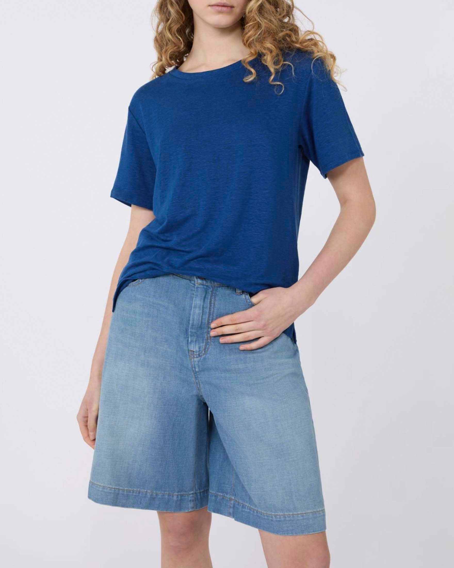 T-shirt girocollo a maniche corte Weekend Max Mara blu in lino stretch