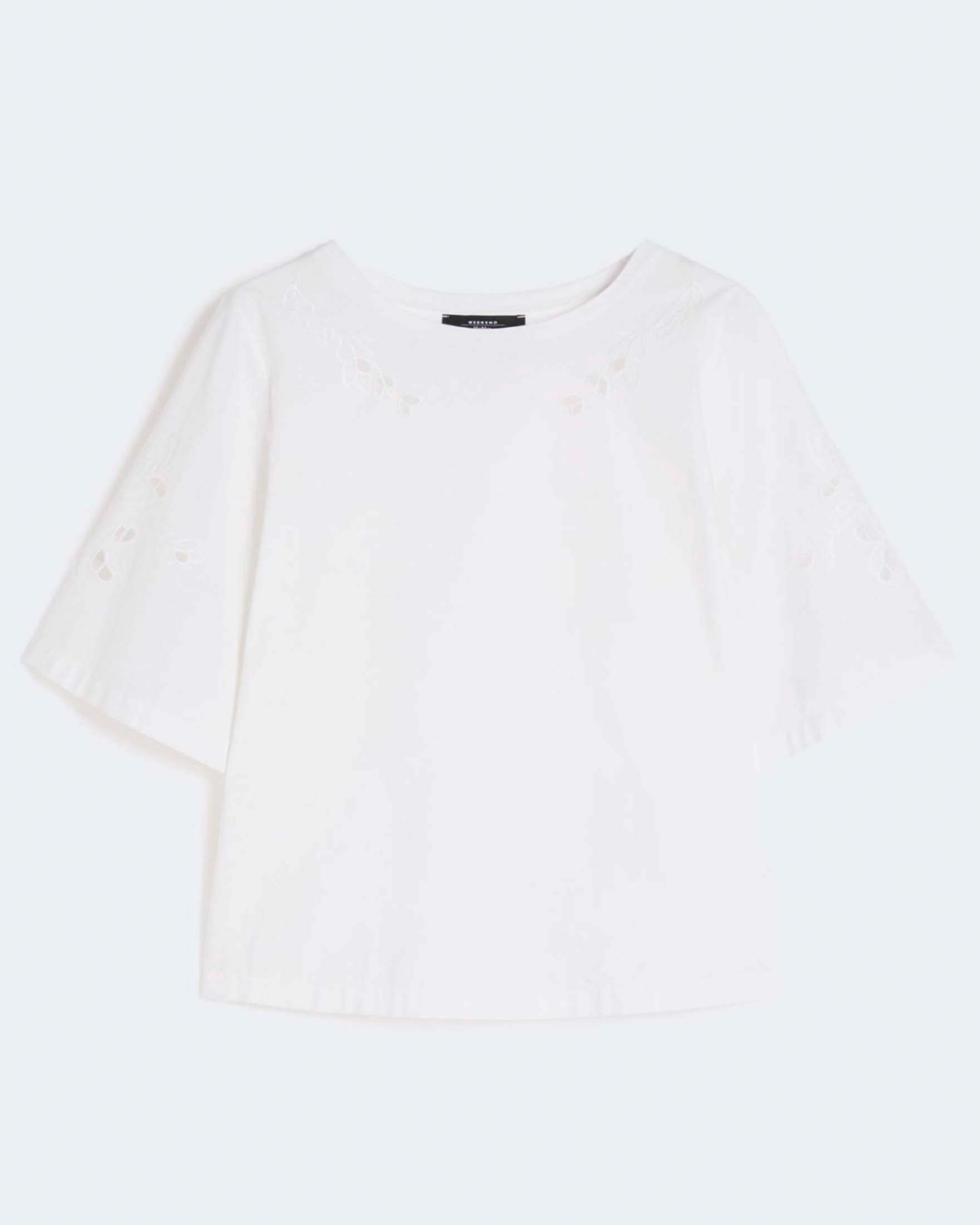 Weekend Max Mara — Top crop a maniche corte Weekend Max Mara bianco in popeline con ricami à jour e inserto in jersey