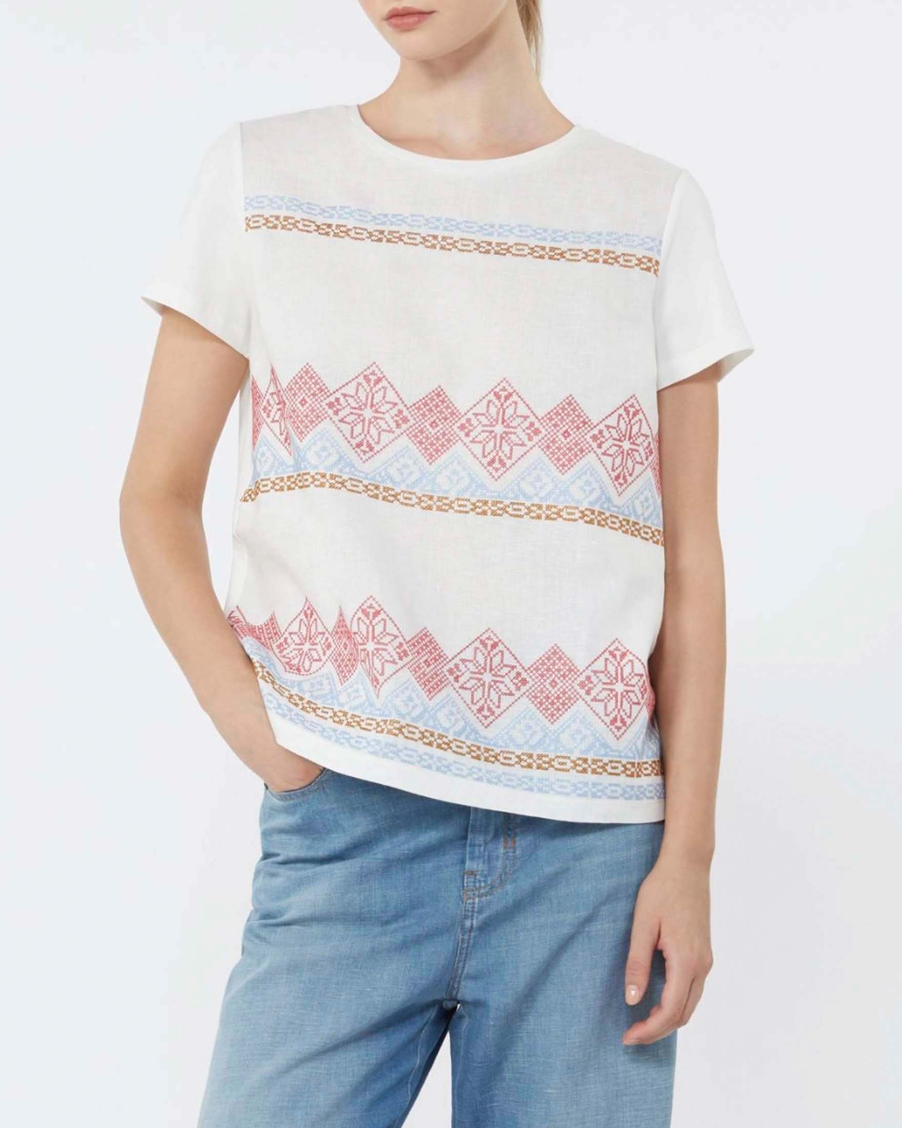 T-shirt girocollo Weekend bianca in cotone con inserto in lino sul davanti multicolor