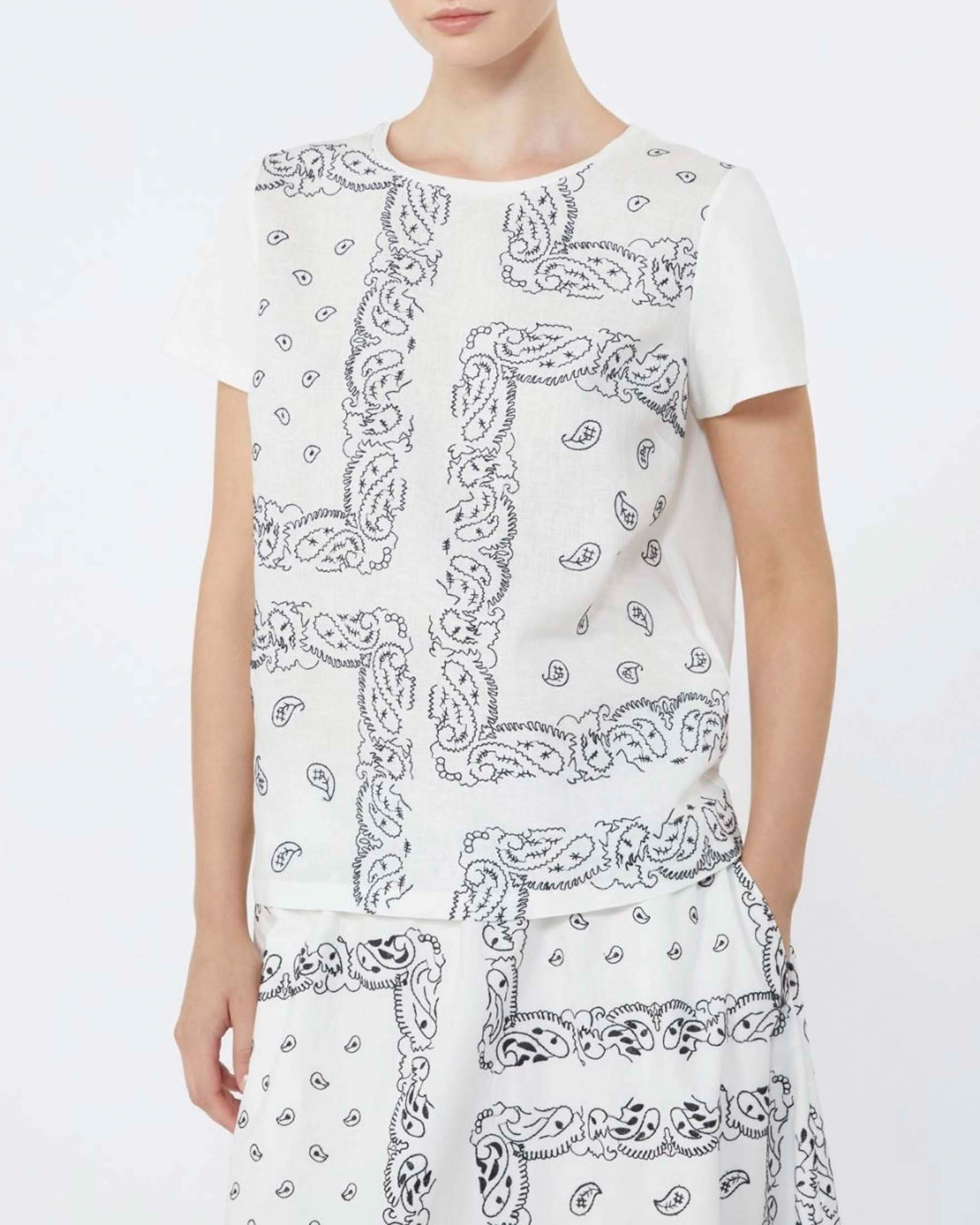 T-shirt girocollo Weekend bianca in cotone con inserto in lino sul davanti a motivo paisley