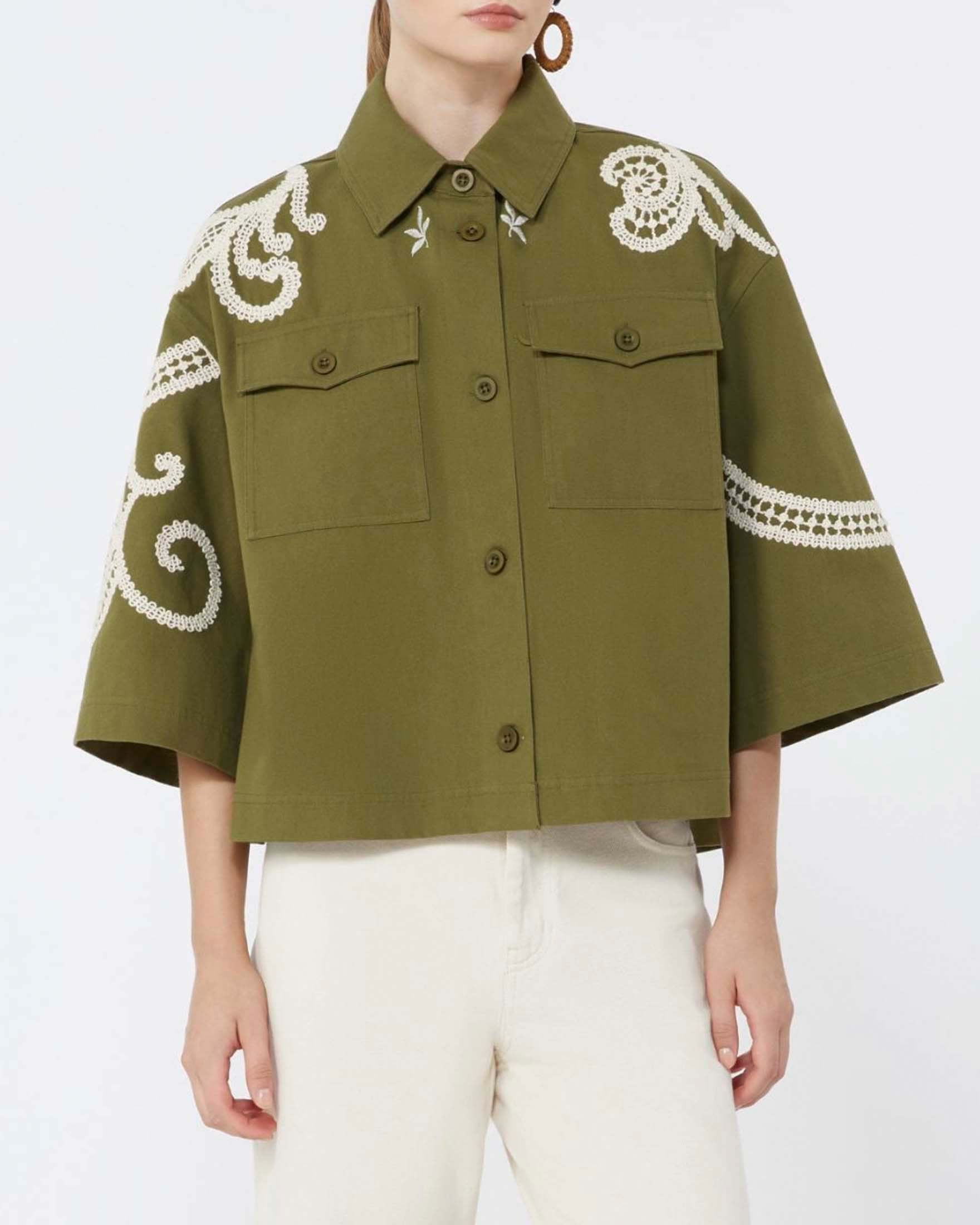Giacca a camicia boxy Weekend Max Mara verde militare in cotone con ricami a contrasto