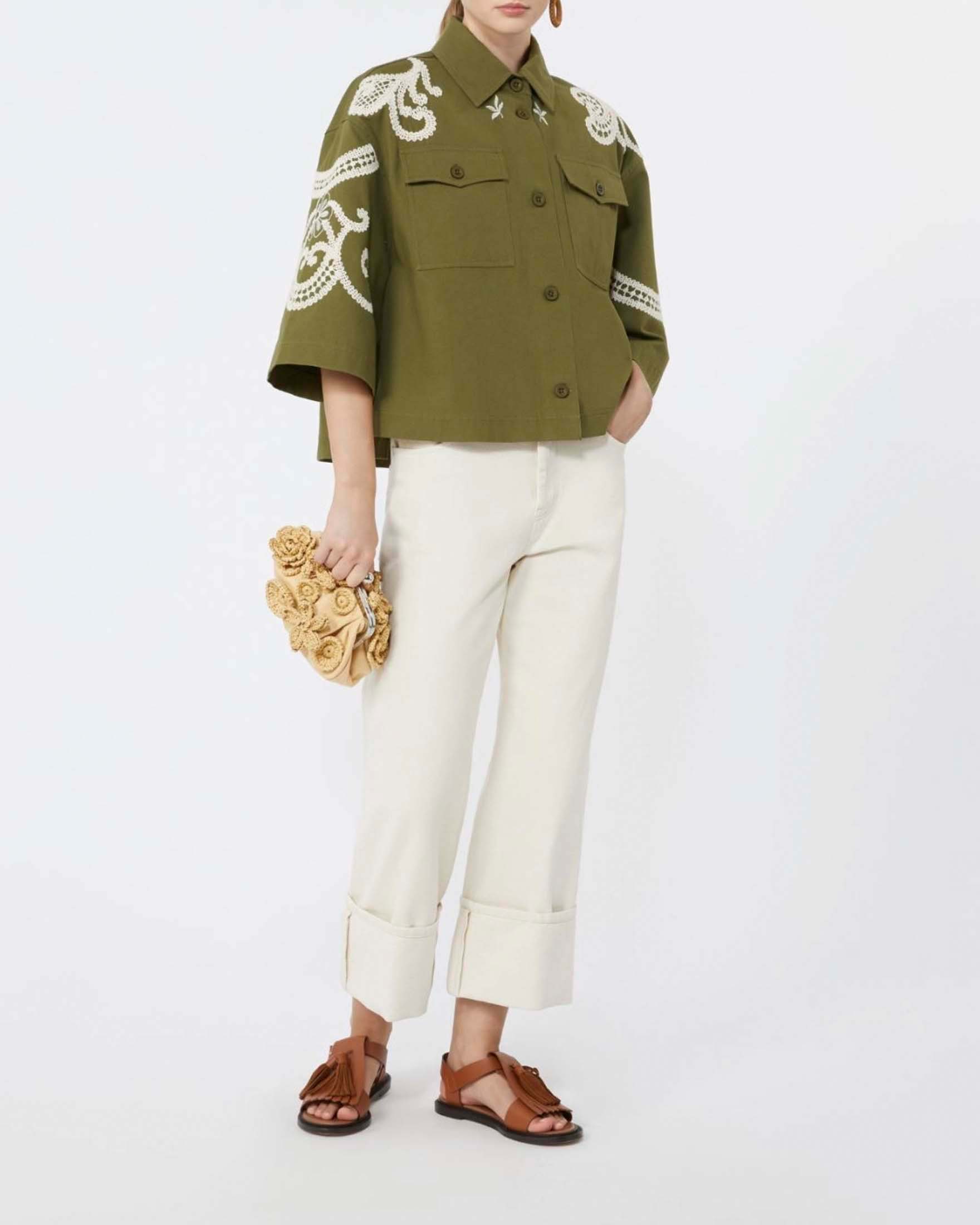 Giacca a camicia boxy Weekend Max Mara verde militare in cotone con ricami a contrasto image