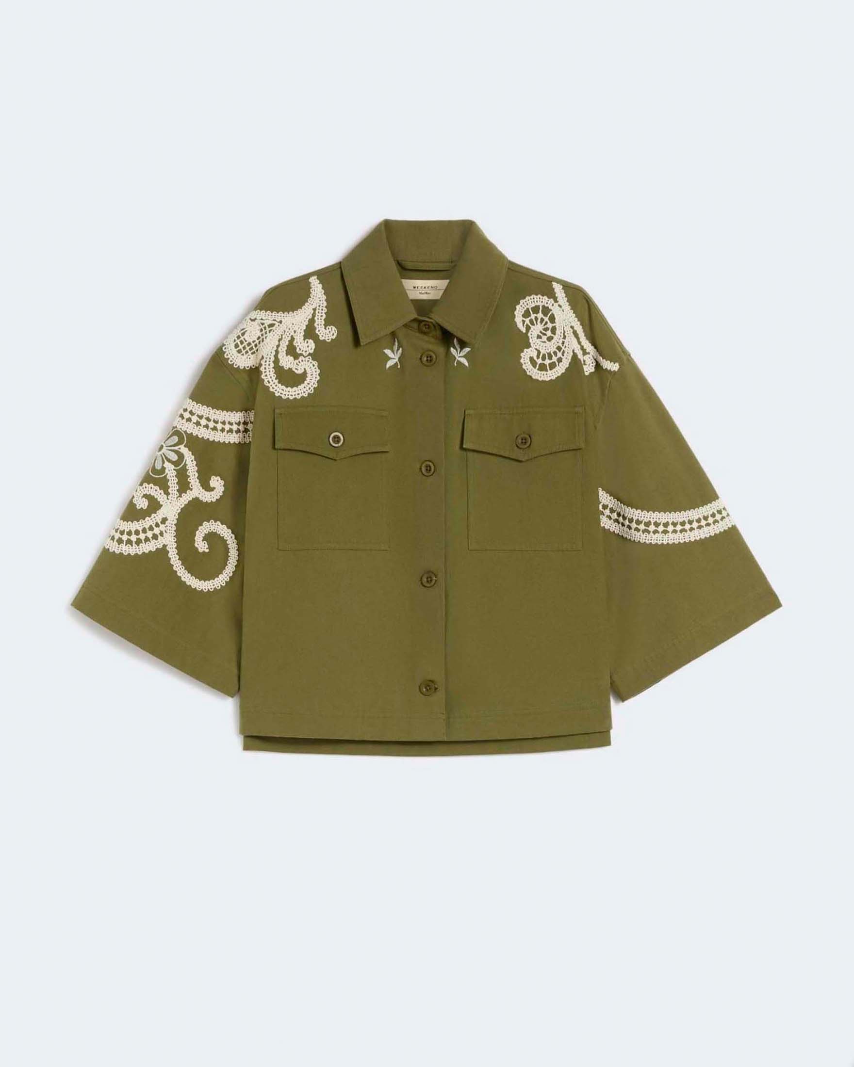 Giacca a camicia boxy Weekend Max Mara verde militare in cotone con ricami a contrasto