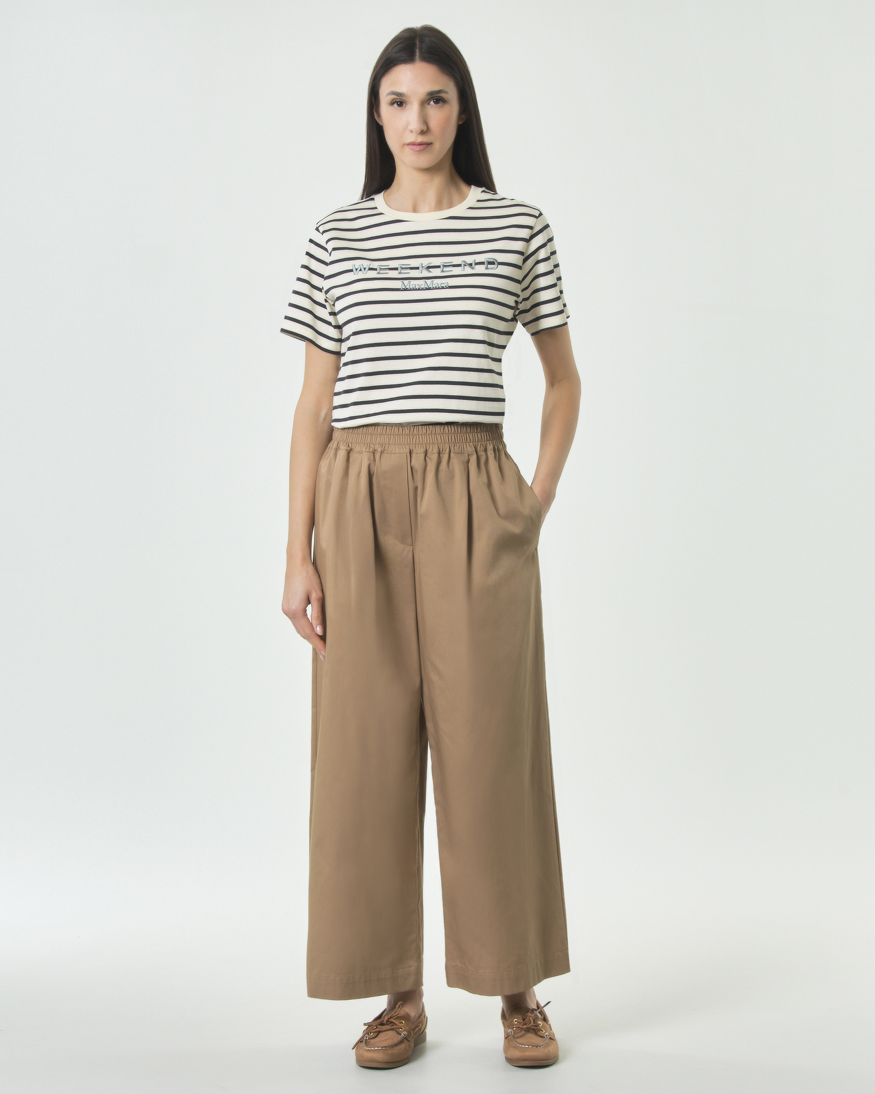 Pantaloni cropped Weekend cammello in rasetto di cotone con vita elasticizzata e tasche