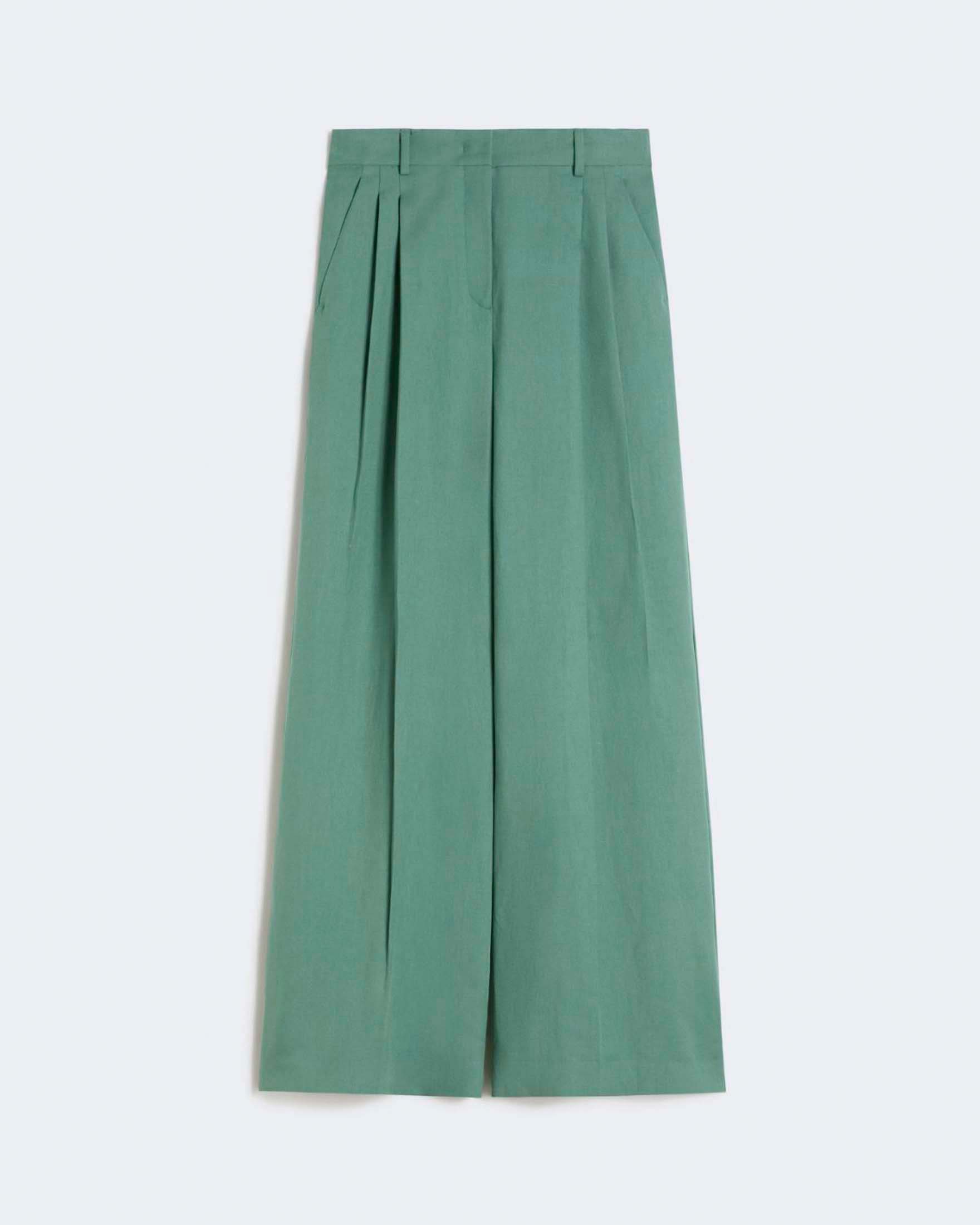 Weekend Max Mara — Pantaloni wide Weekend Max Mara verde in viscosa e lino con doppie pince