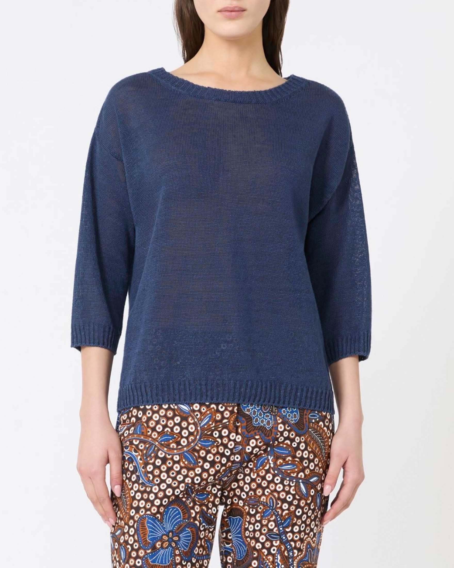 Maglia cropped Weekend Max Mara blu in lino a punto rasato con maniche a tre quarti image