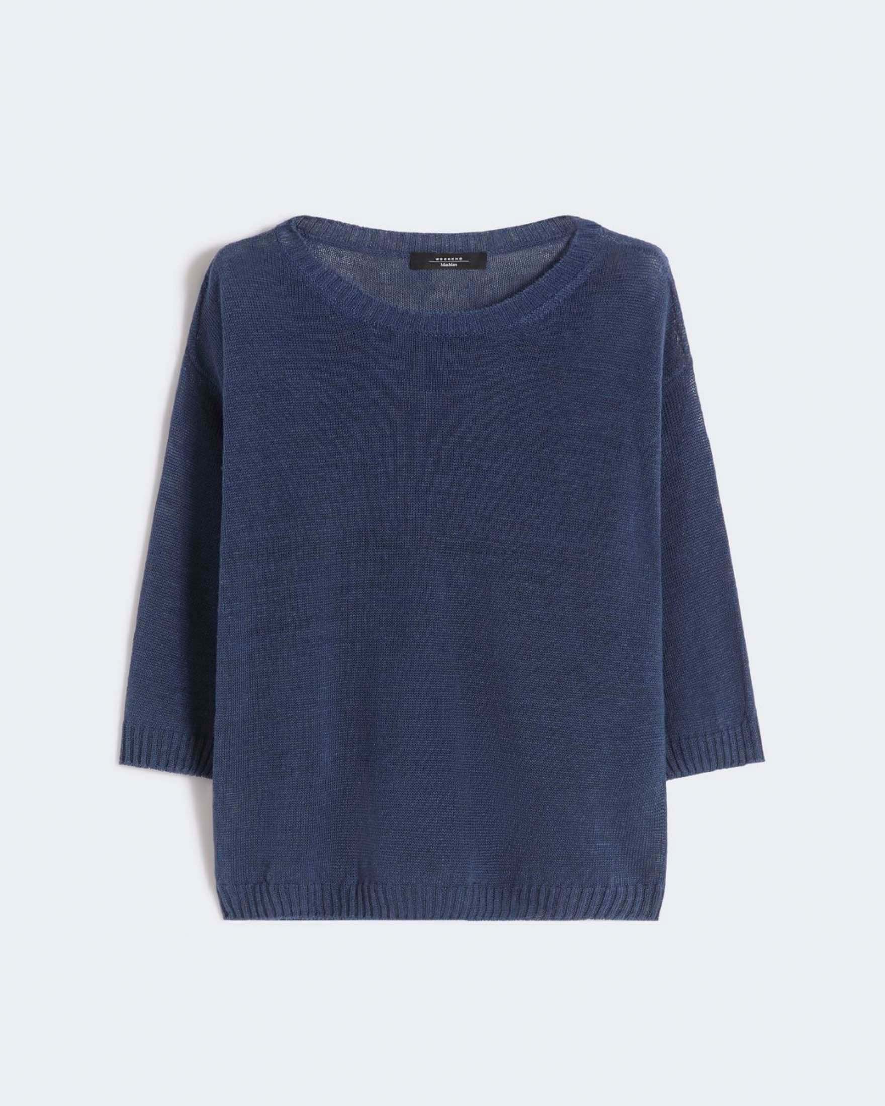 Maglia cropped Weekend Max Mara blu in lino a punto rasato con maniche a tre quarti