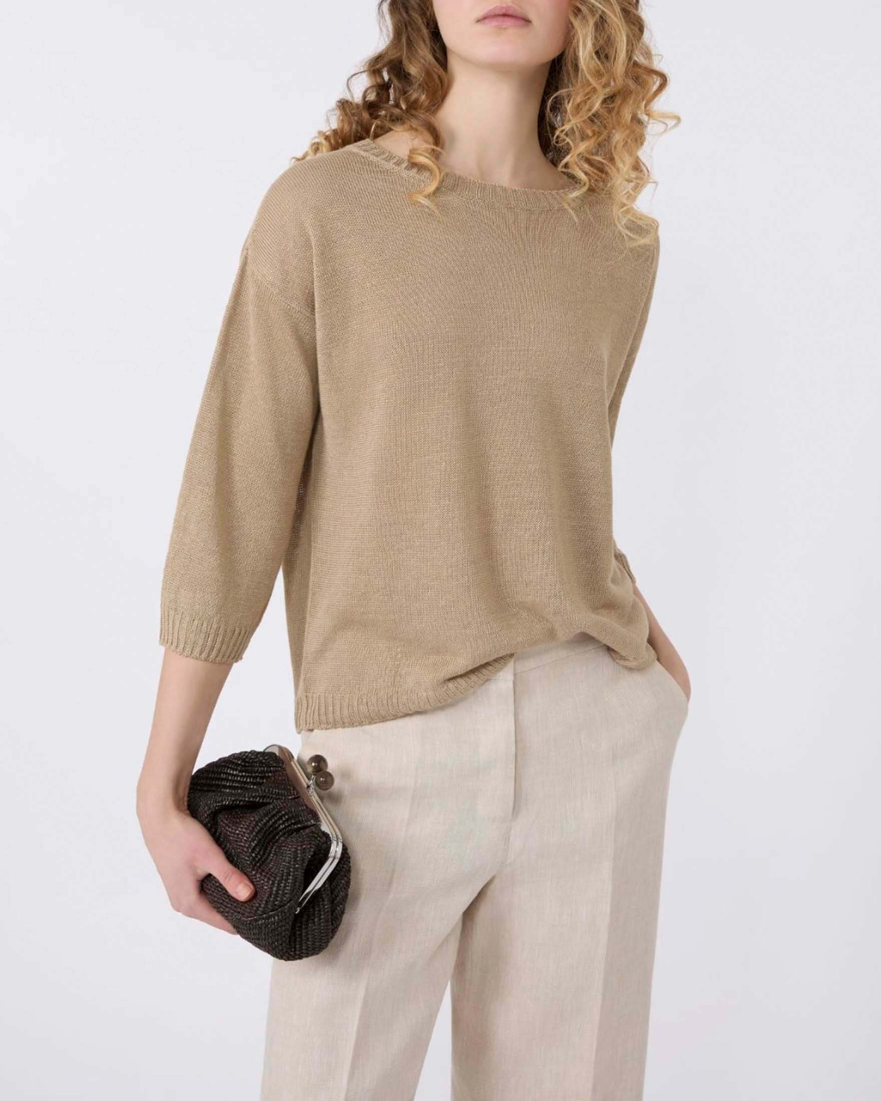 Maglia cropped Weekend Max Mara beige in lino a punto rasato con maniche a tre quarti image