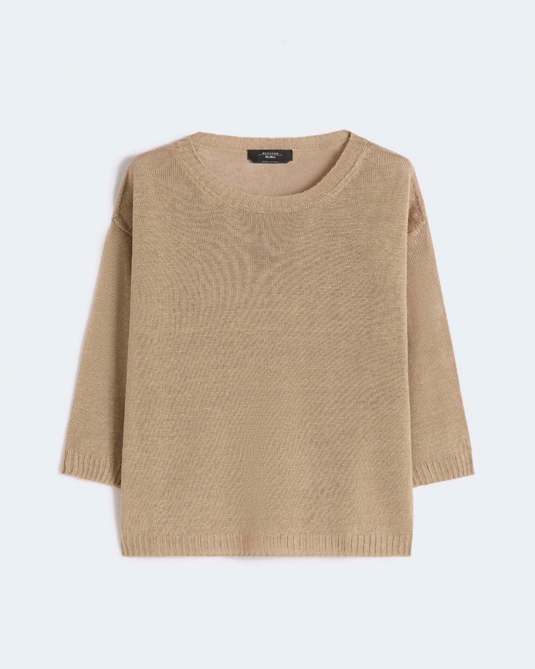 Maglia cropped Weekend Max Mara beige in lino a punto rasato con maniche a tre quarti