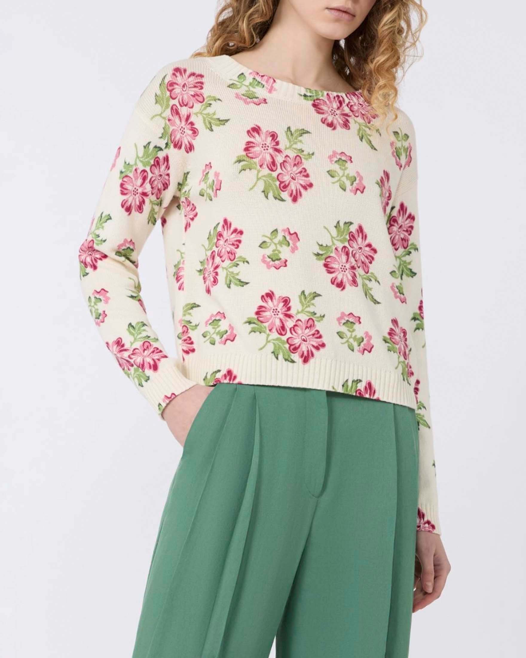 Maglia cropped Weekend Max Mara bianca in cotone con stampa a fiori e scollo a barchetta image
