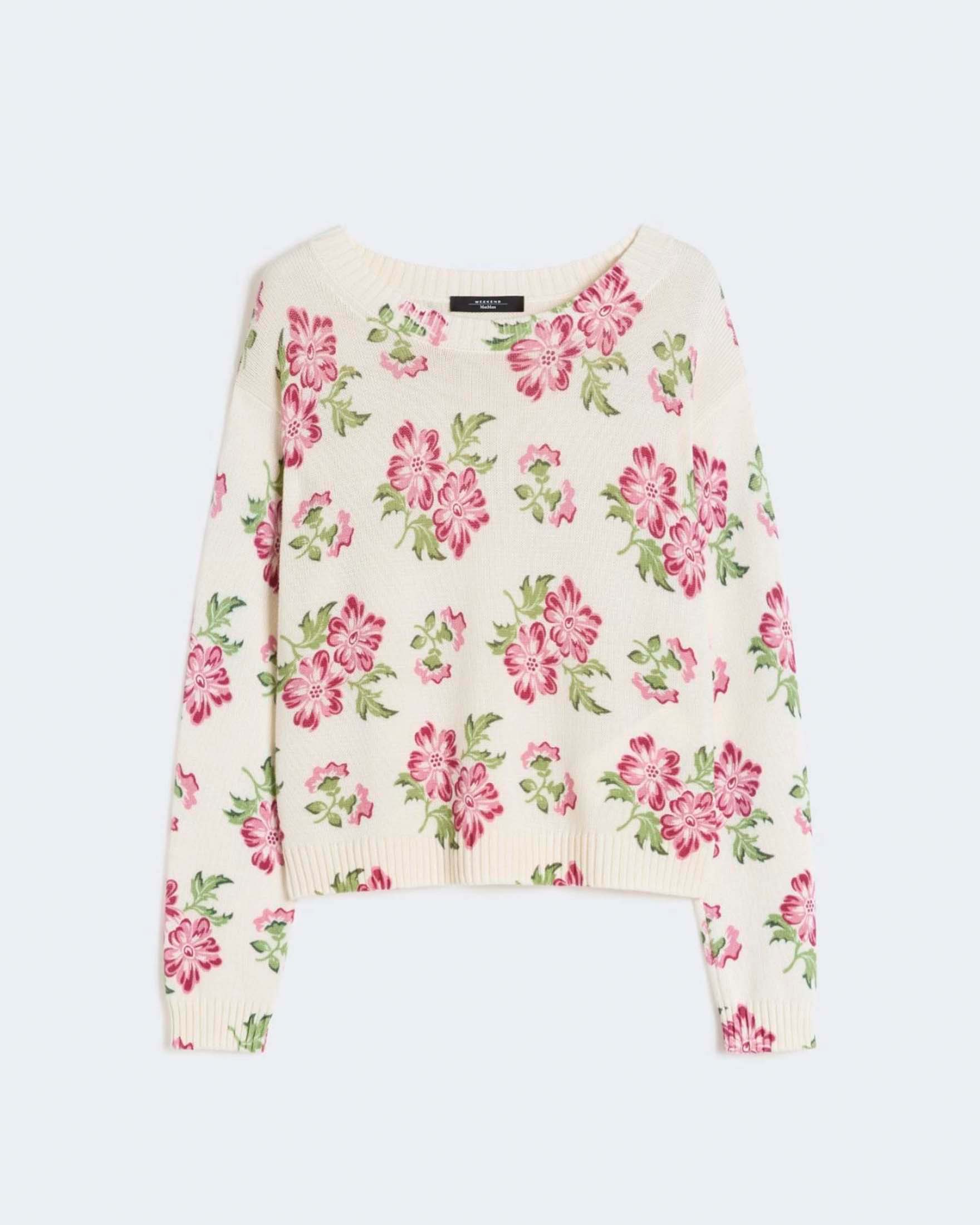 Maglia cropped Weekend Max Mara bianca in cotone con stampa a fiori e scollo a barchetta