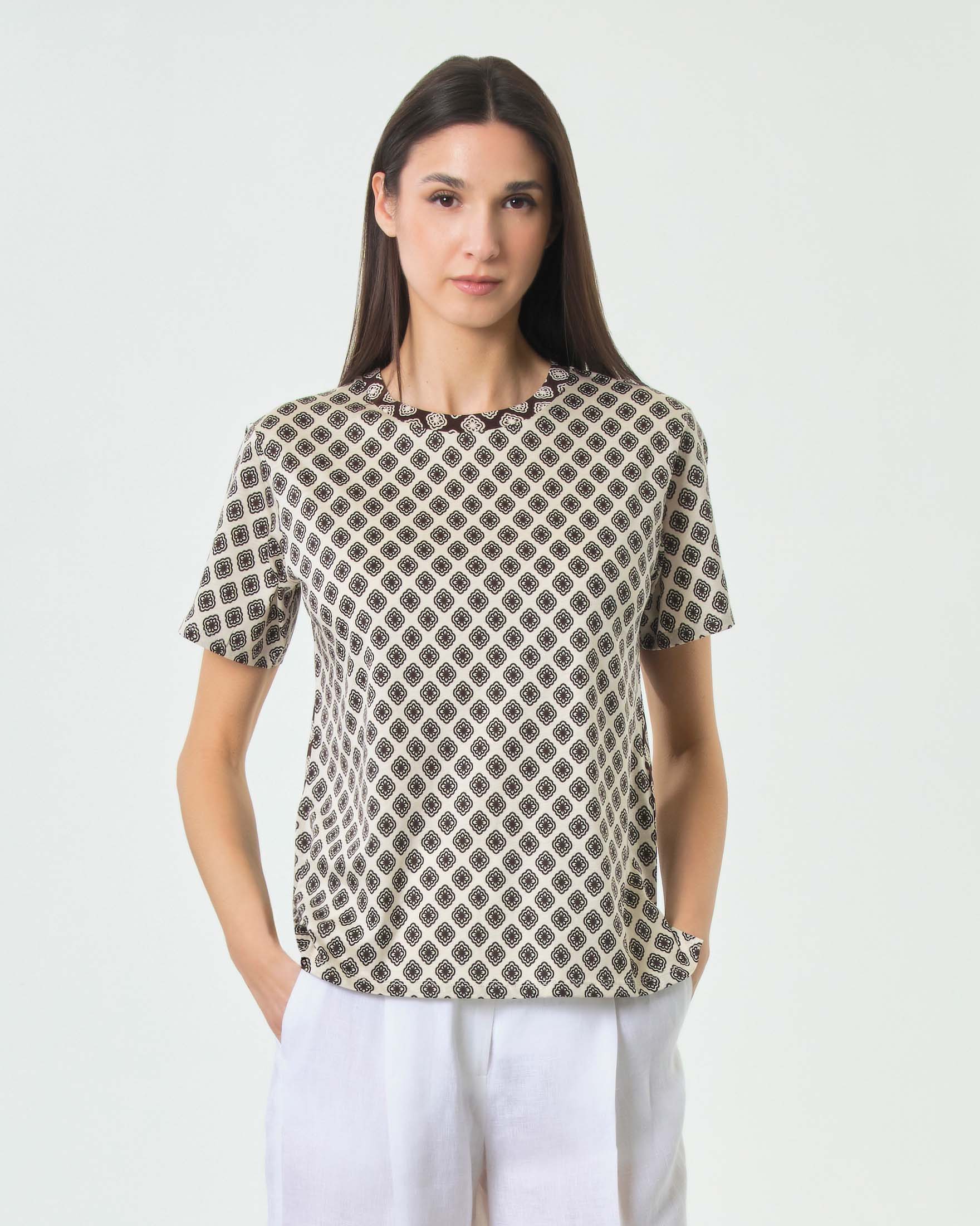 T-shirt girocollo a maniche corte Weekend Max Mara bianca in cotone con stampa geometrica marrone