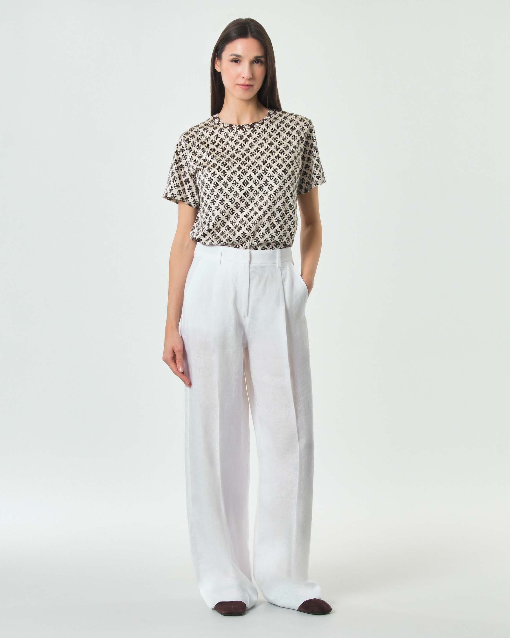 T-shirt girocollo a maniche corte Weekend Max Mara bianca in cotone con stampa geometrica marrone image