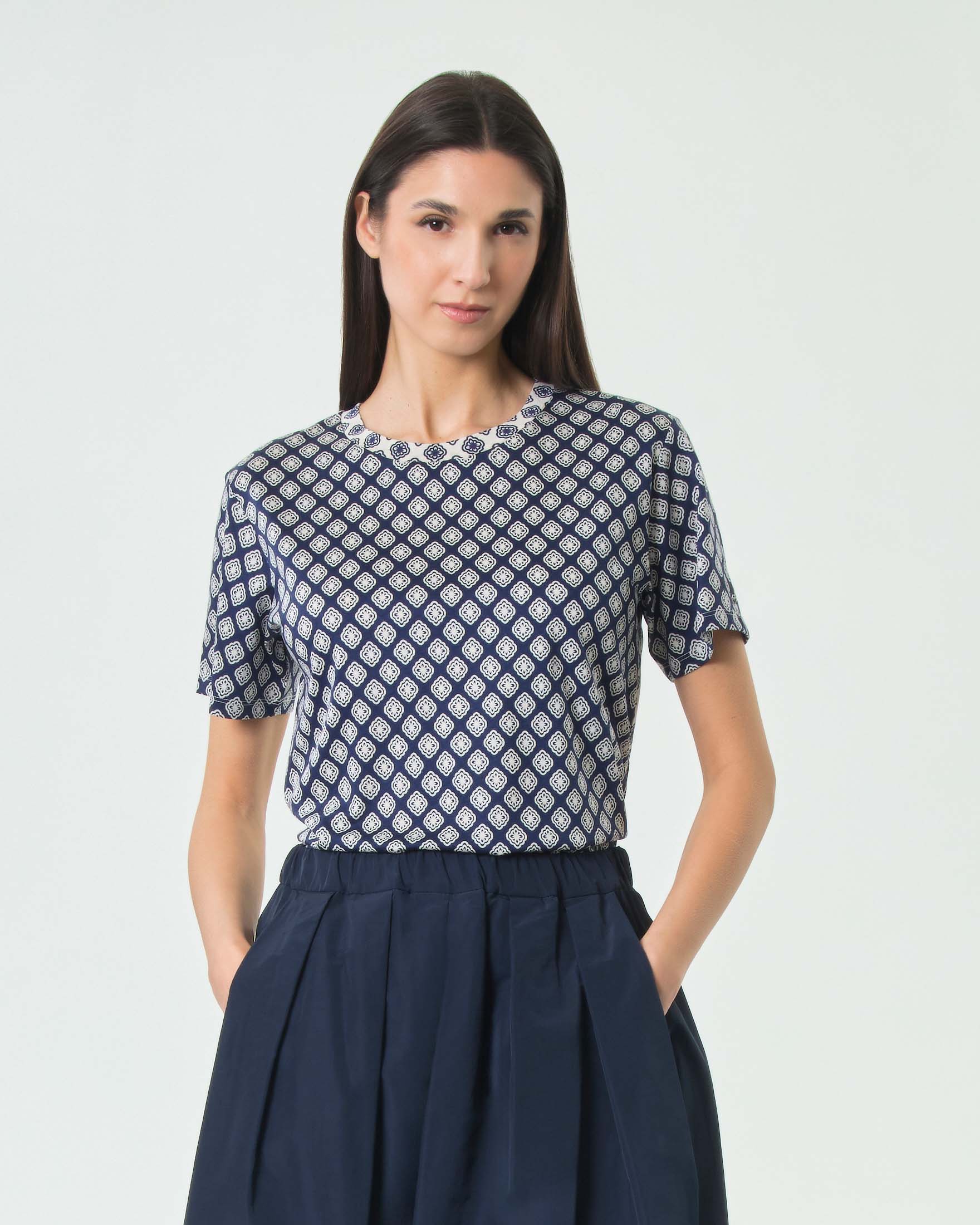 T-shirt girocollo a maniche corte Weekend Max Mara blu in puro cotone con stampa geometrica bianca
