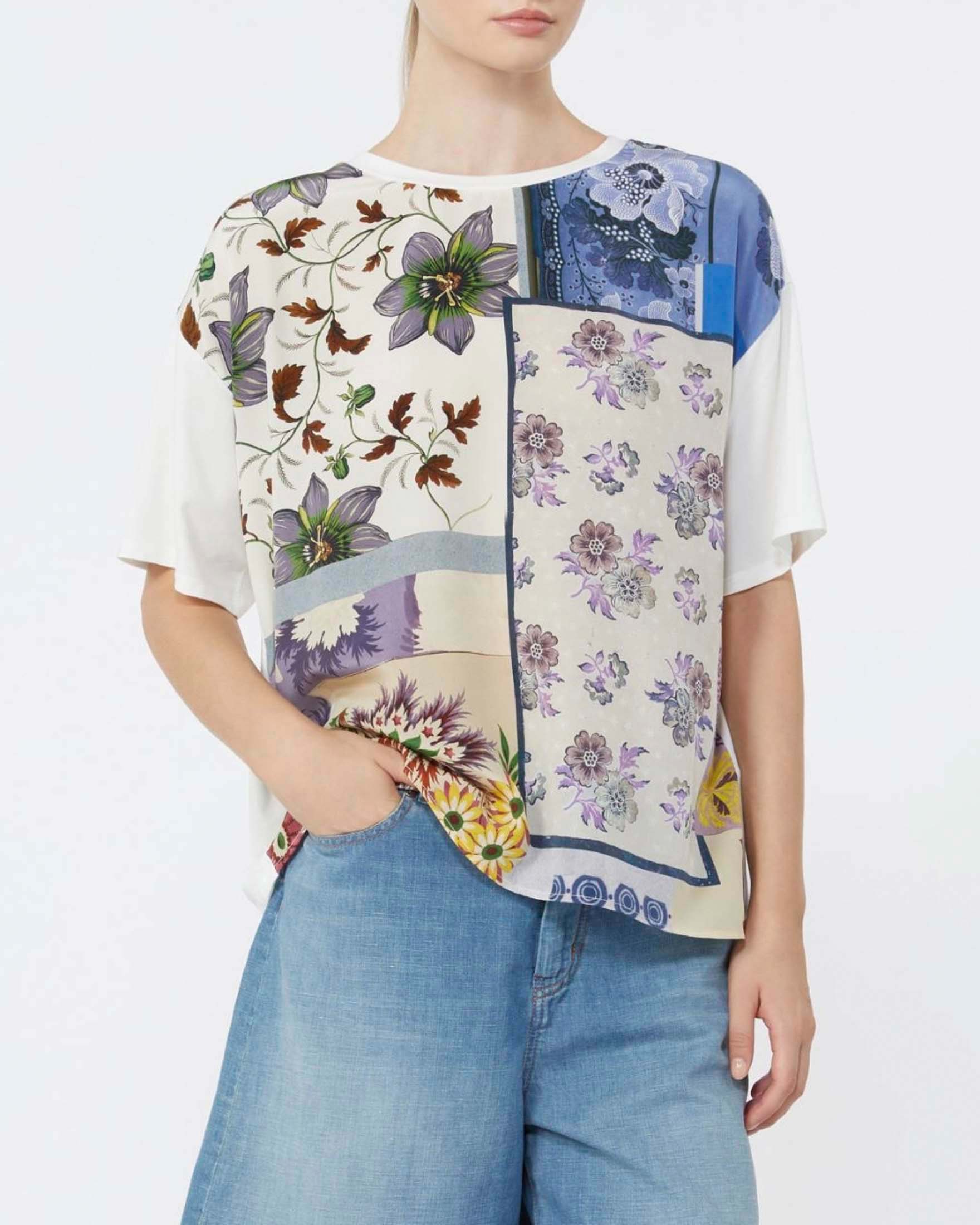 T-shirt girocollo Weekend Max Mara bianca in seta con stampa multicolor floreale