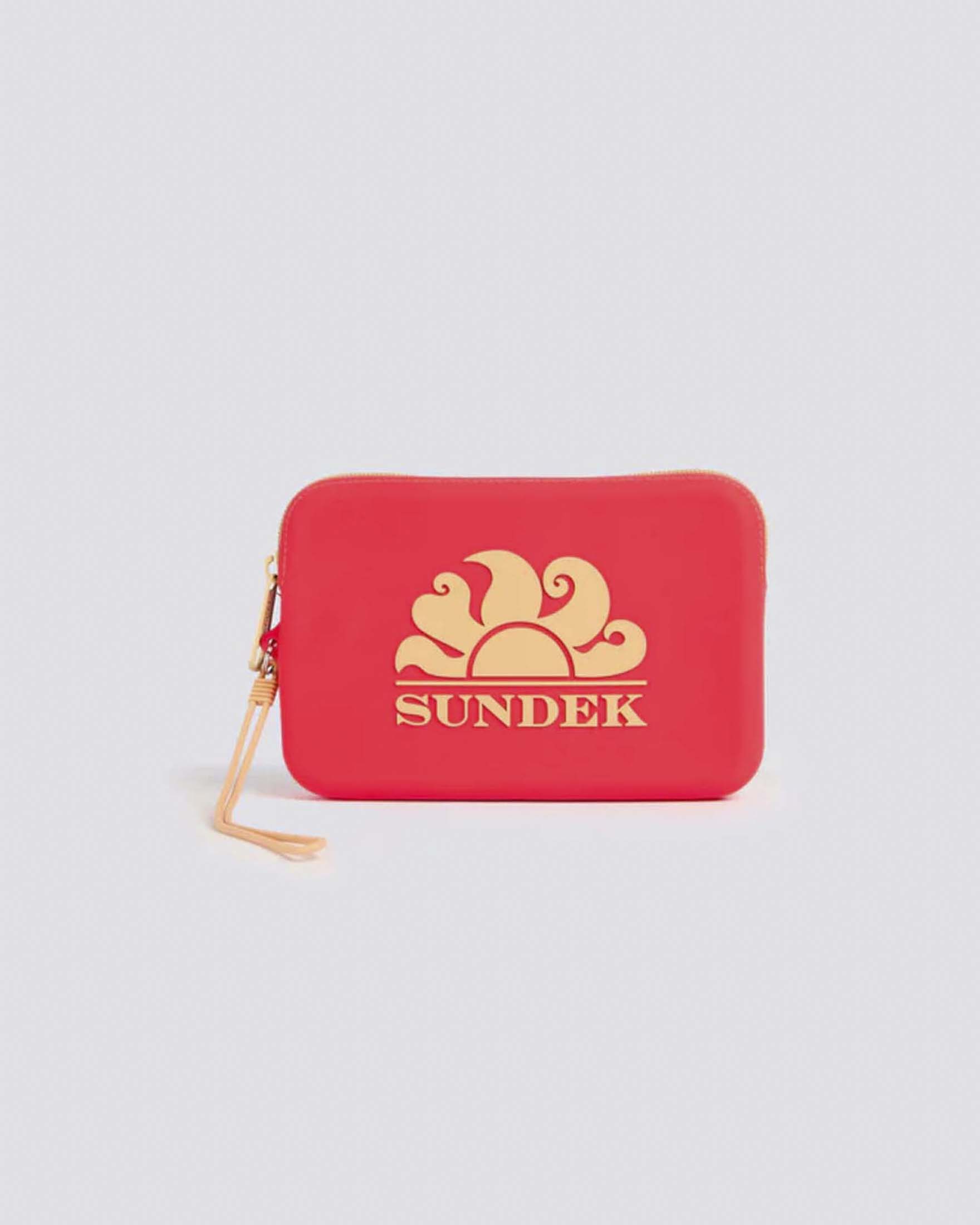 Mini pochette Sundek corallo in gomma con zip e logo a contrato di colore