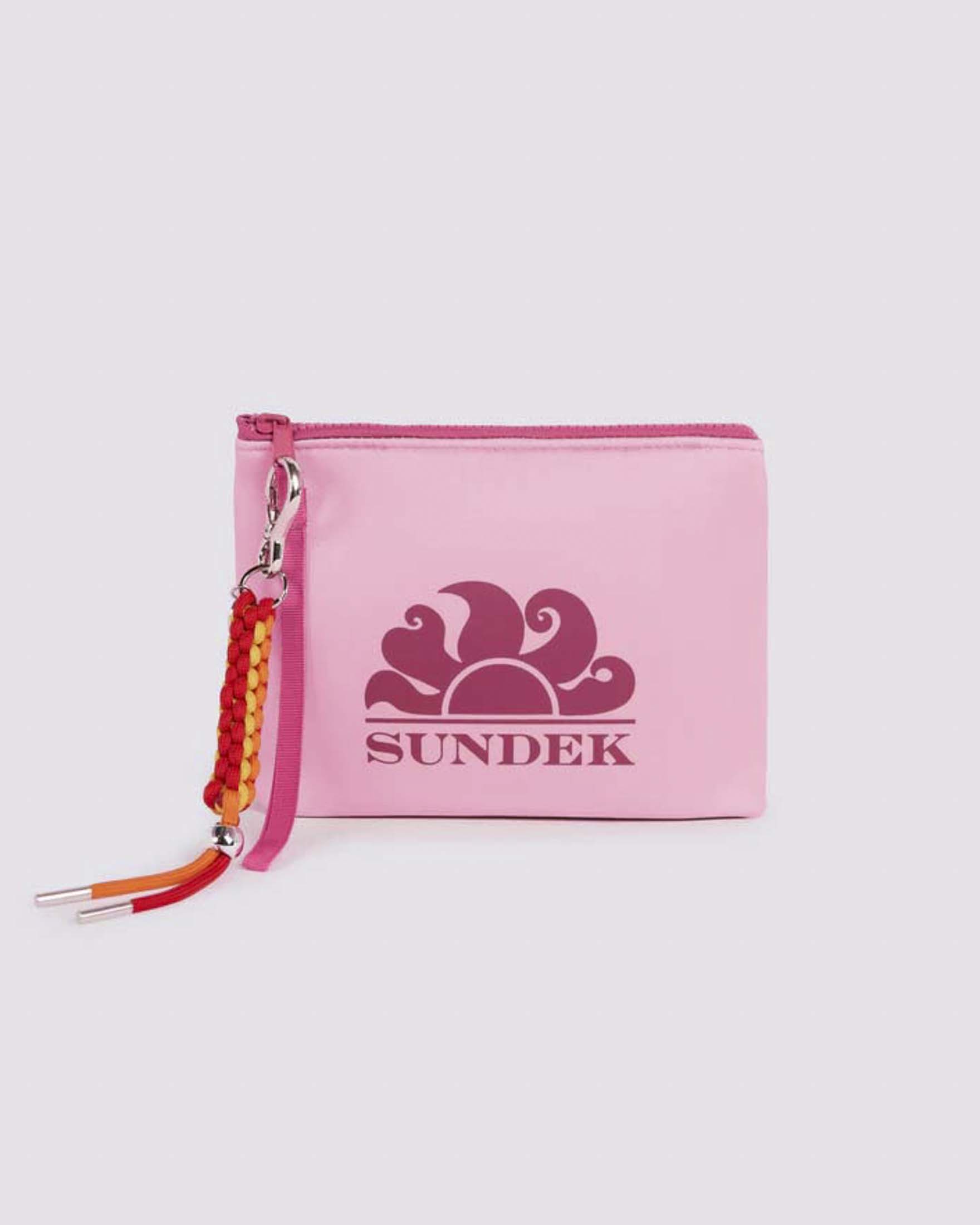 Clutch Sundek rosa in neoprene con zip a contrasto e charm removibile