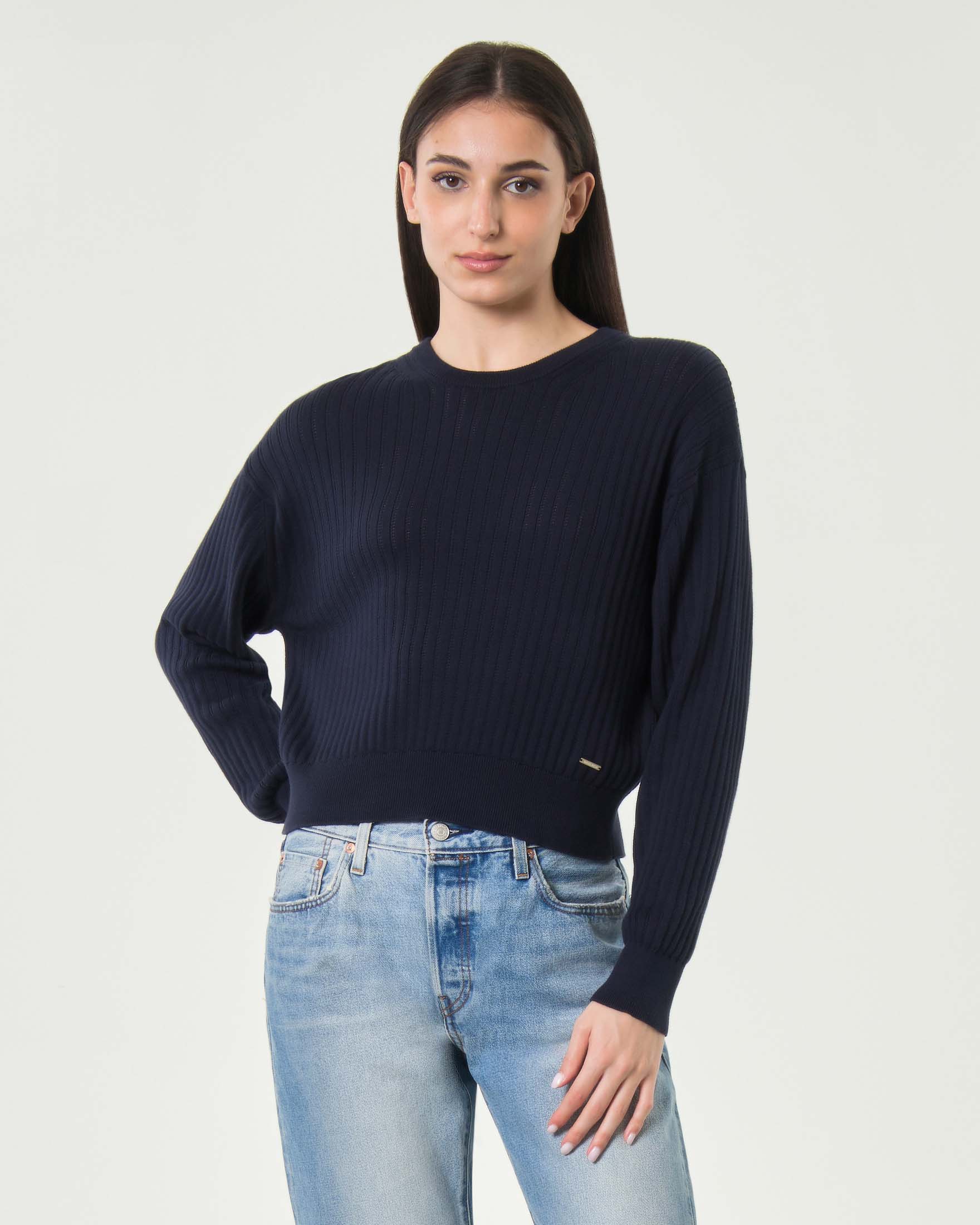 Maglia corta girocollo traforata Woolrich blu in puro cotone con bordi a costine