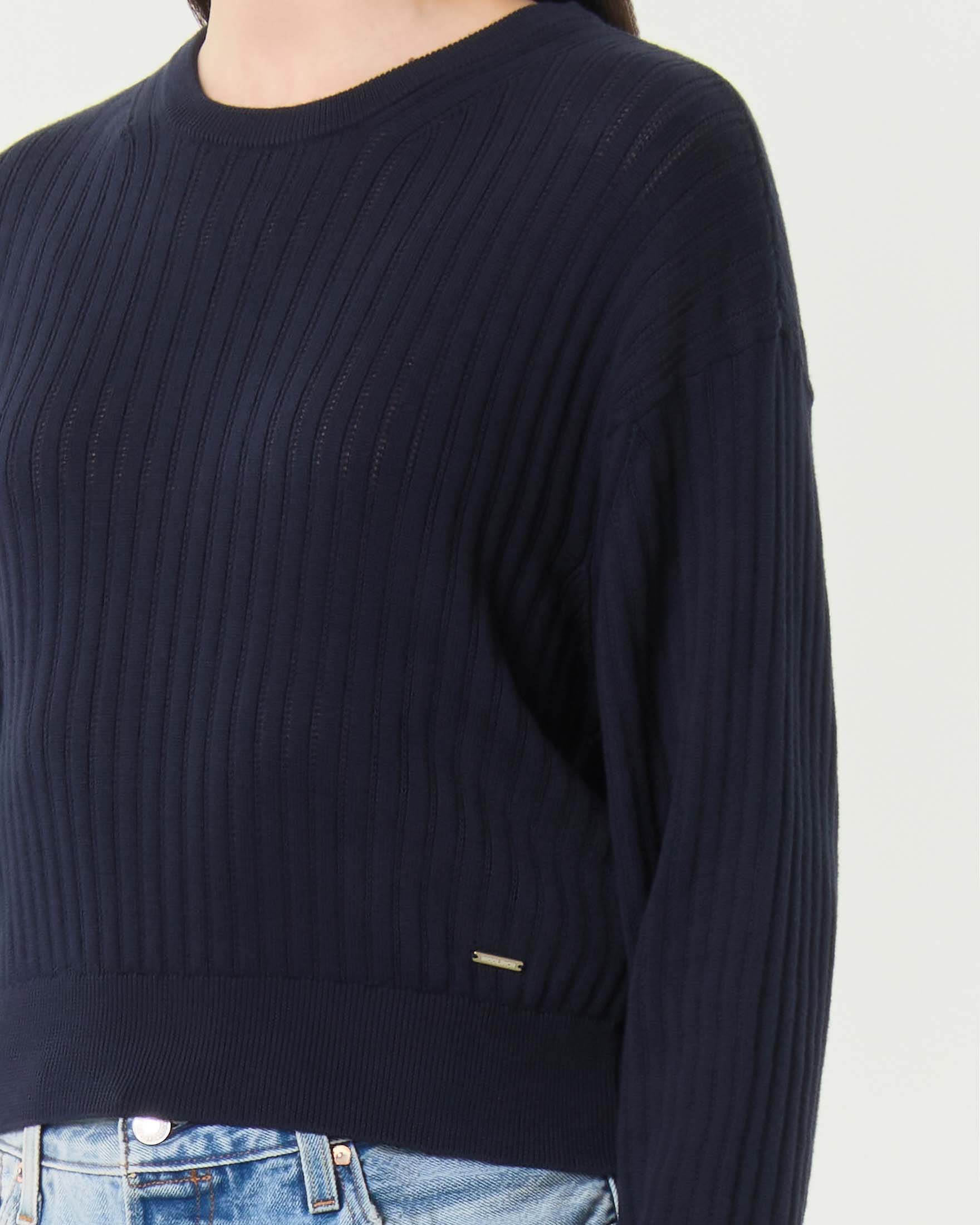 Maglia corta girocollo traforata Woolrich blu in puro cotone con bordi a costine image