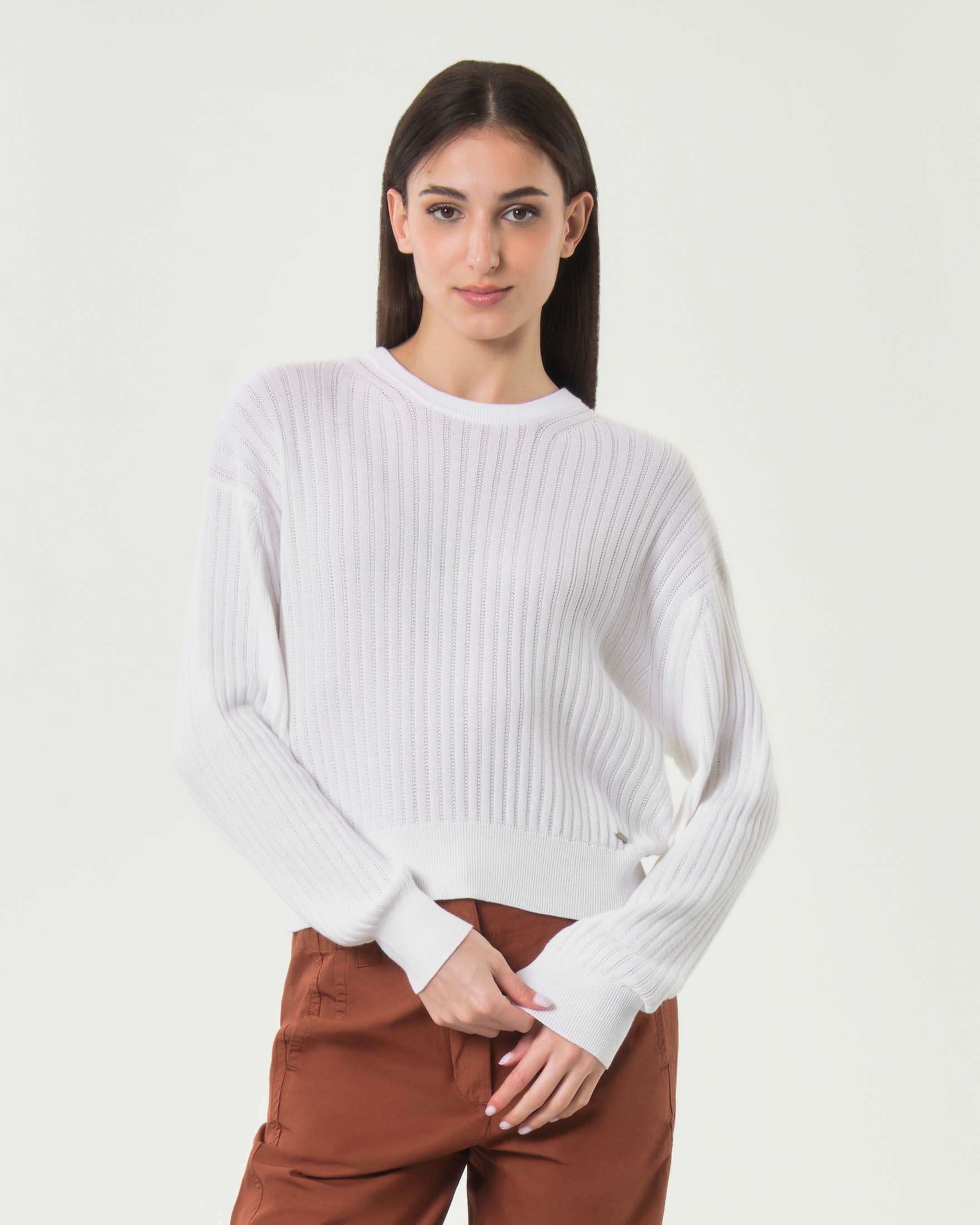 Maglia corta girocollo traforata Woolrich bianca in puro cotone con bordi a costine